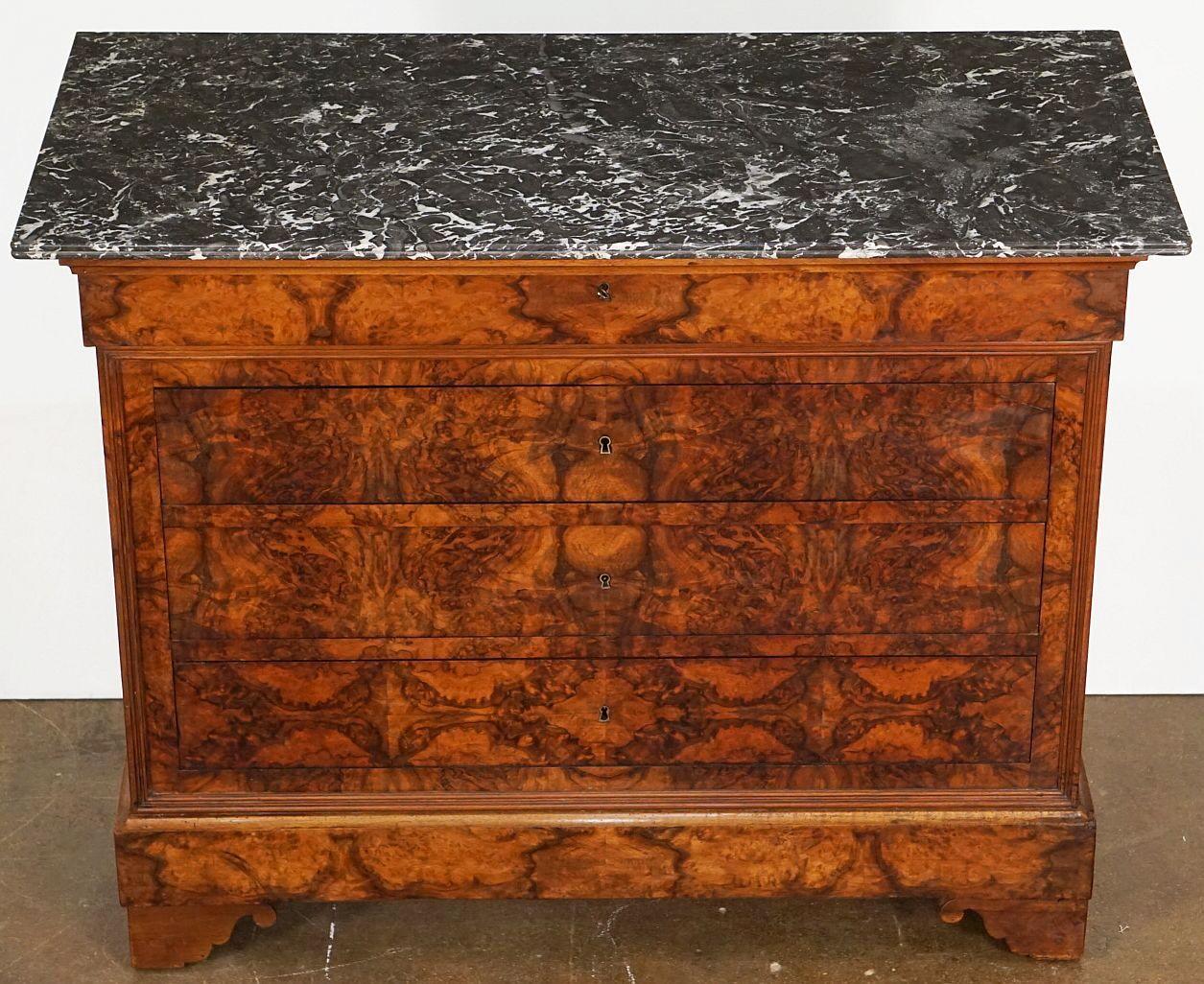 19th Century French Louis Philippe Chest or Commode of Burr Walnut with Marble Top  For Sale