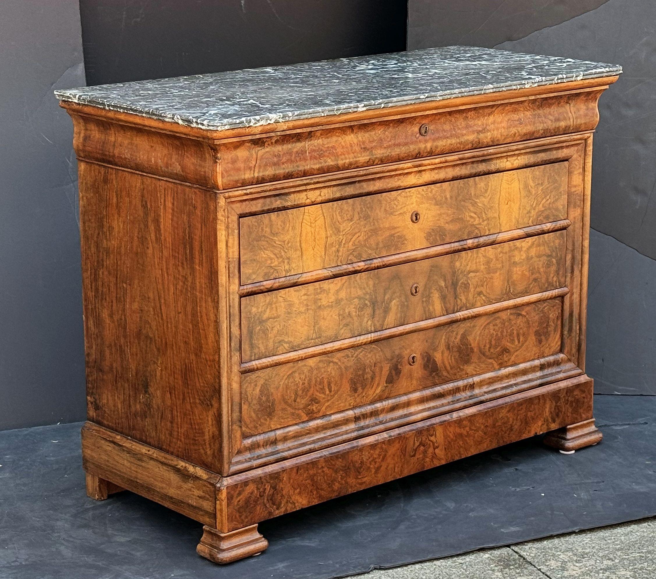 19th Century French Louis Philippe Chest or Commode of Burr Walnut with Marble Top