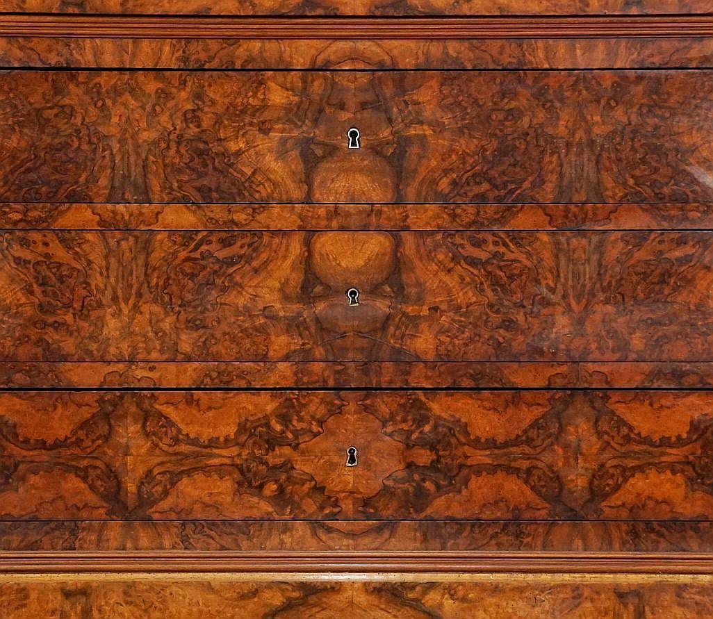 Metal French Louis Philippe Chest or Commode of Burr Walnut with Marble Top  For Sale