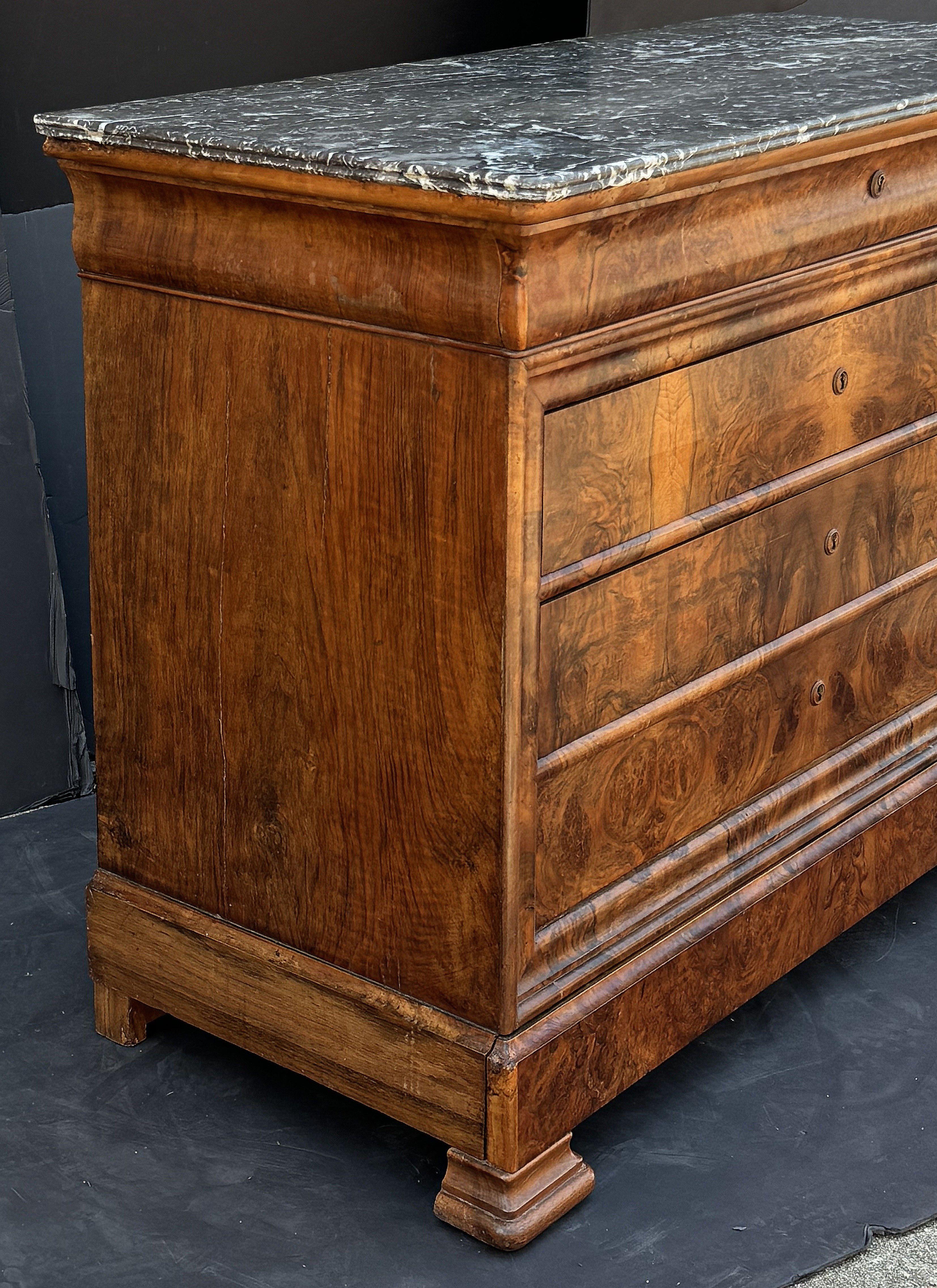 Metal French Louis Philippe Chest or Commode of Burr Walnut with Marble Top