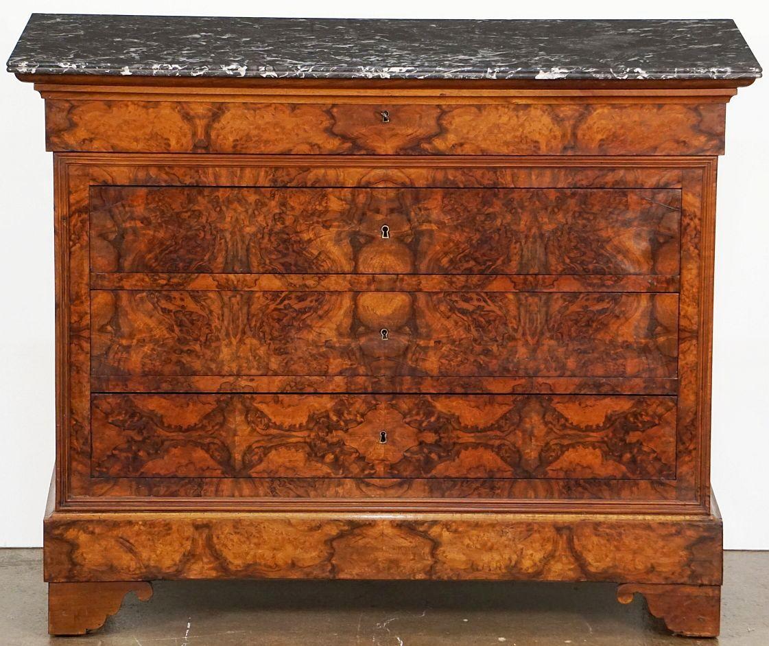 French Louis Philippe Chest or Commode of Burr Walnut with Marble Top  For Sale 1
