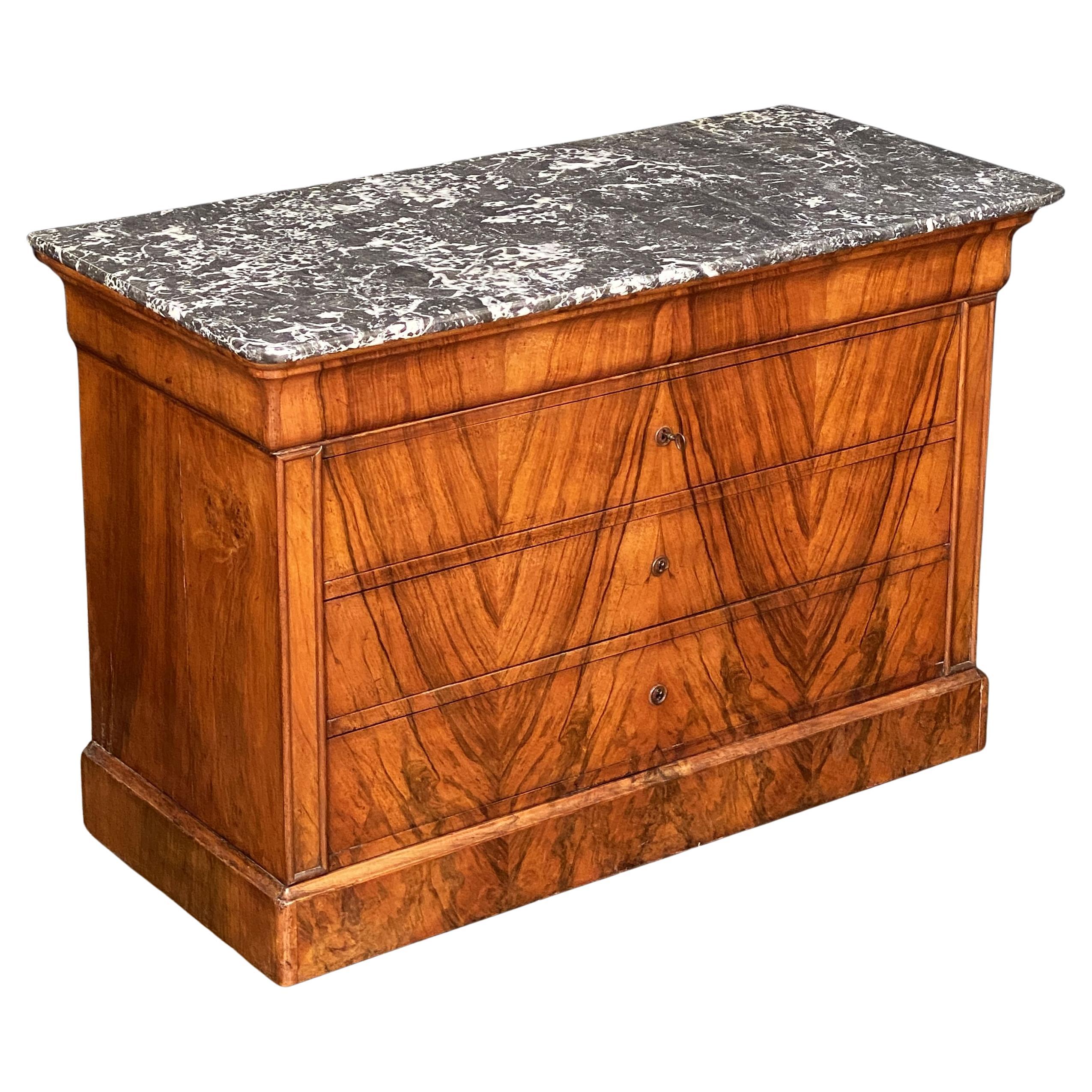 Cassapanca o commode di Louis Philippe in radica di noce con piano in marmo