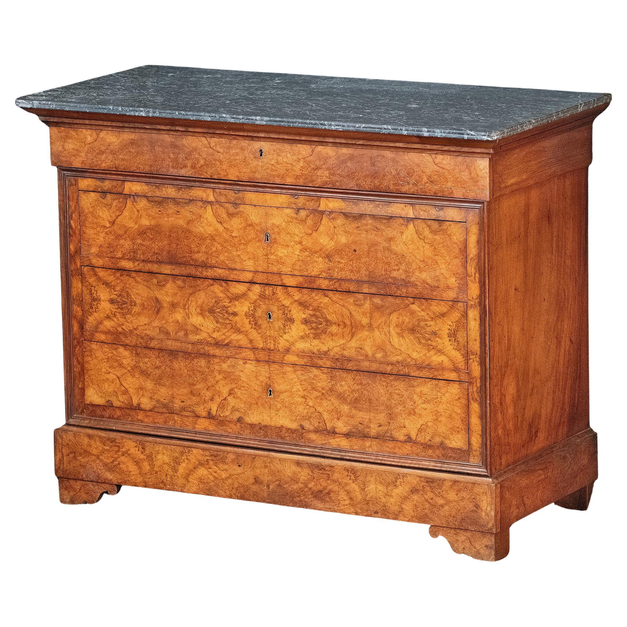 Cassapanca o commode di Louis Philippe in radica di noce con piano in marmo in vendita