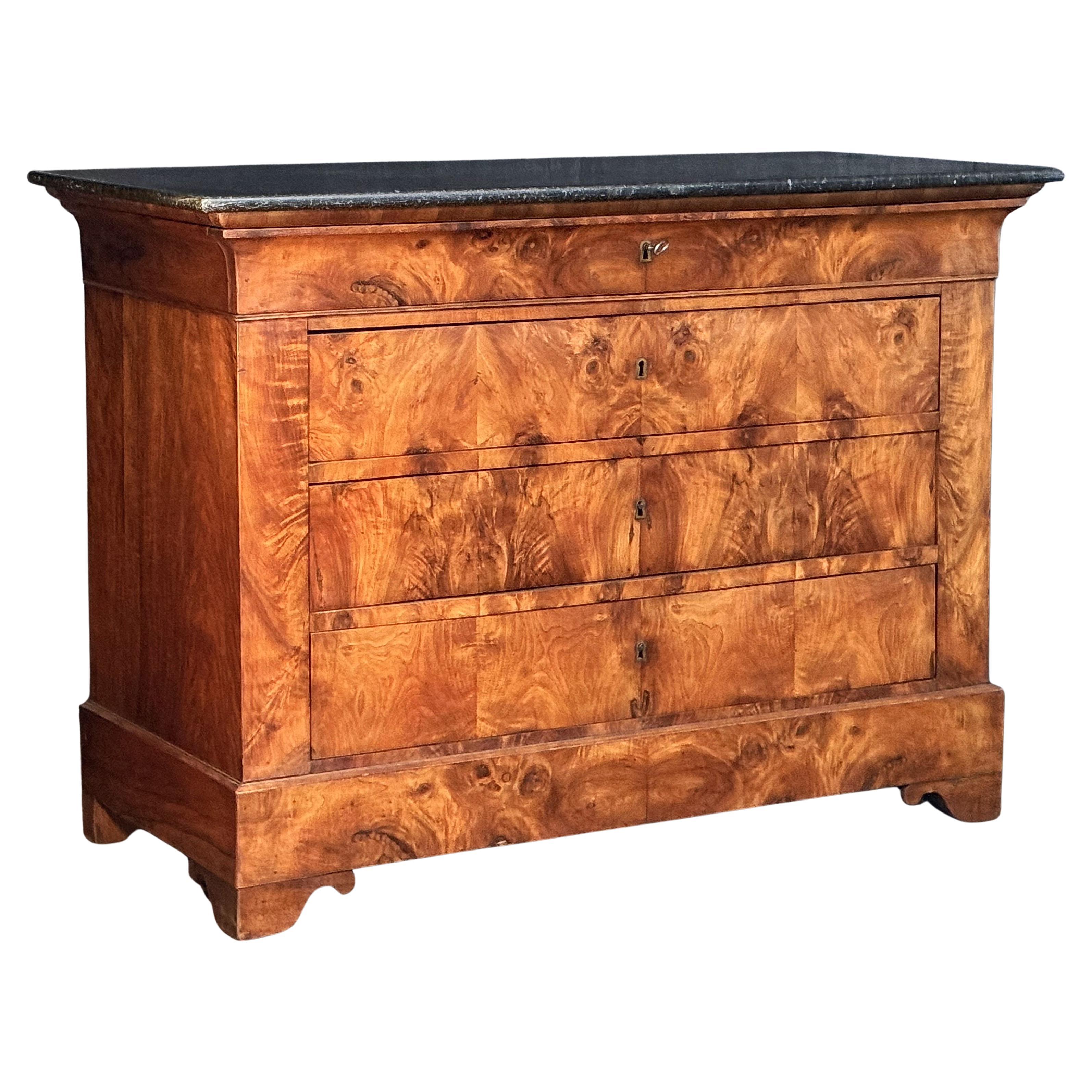 Cassapanca o commode di Louis Philippe in radica di noce con piano in marmo