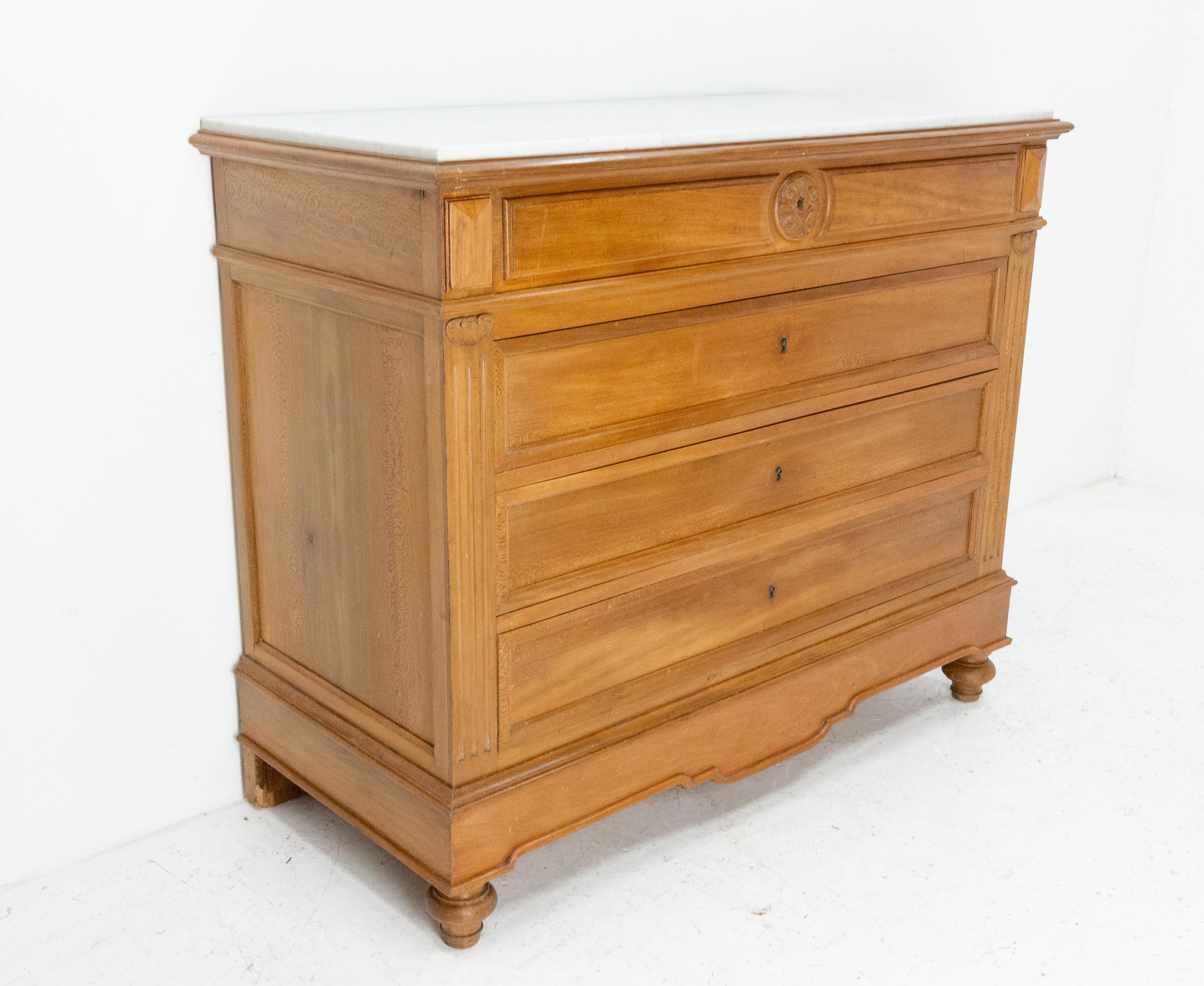 French Louis Philippe Commode Chest of Drawers, Marble Top 19th Century In Good Condition For Sale In Labrit, Landes