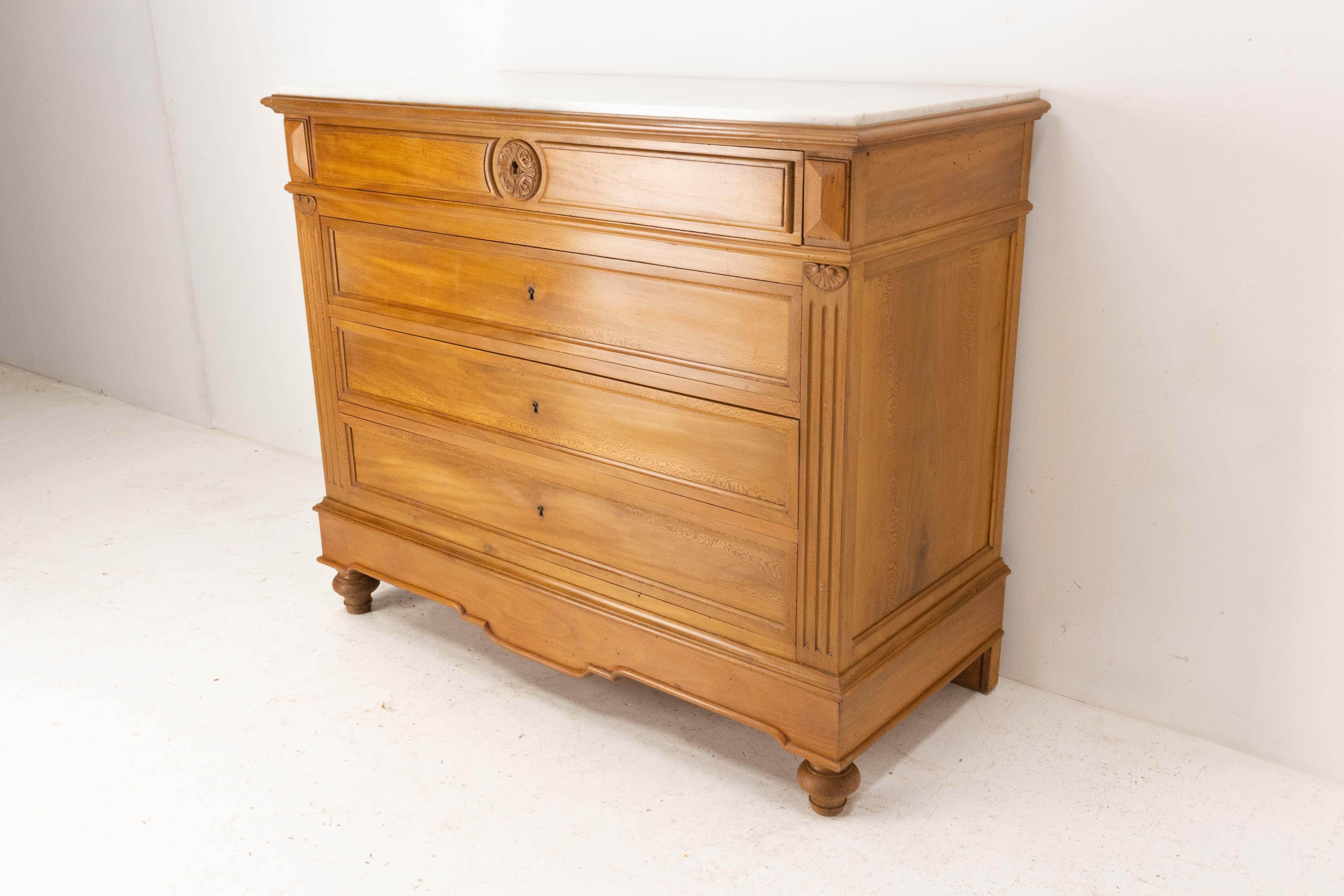 Mid-19th Century French Louis Philippe Commode Chest of Drawers, Marble Top 19th Century For Sale