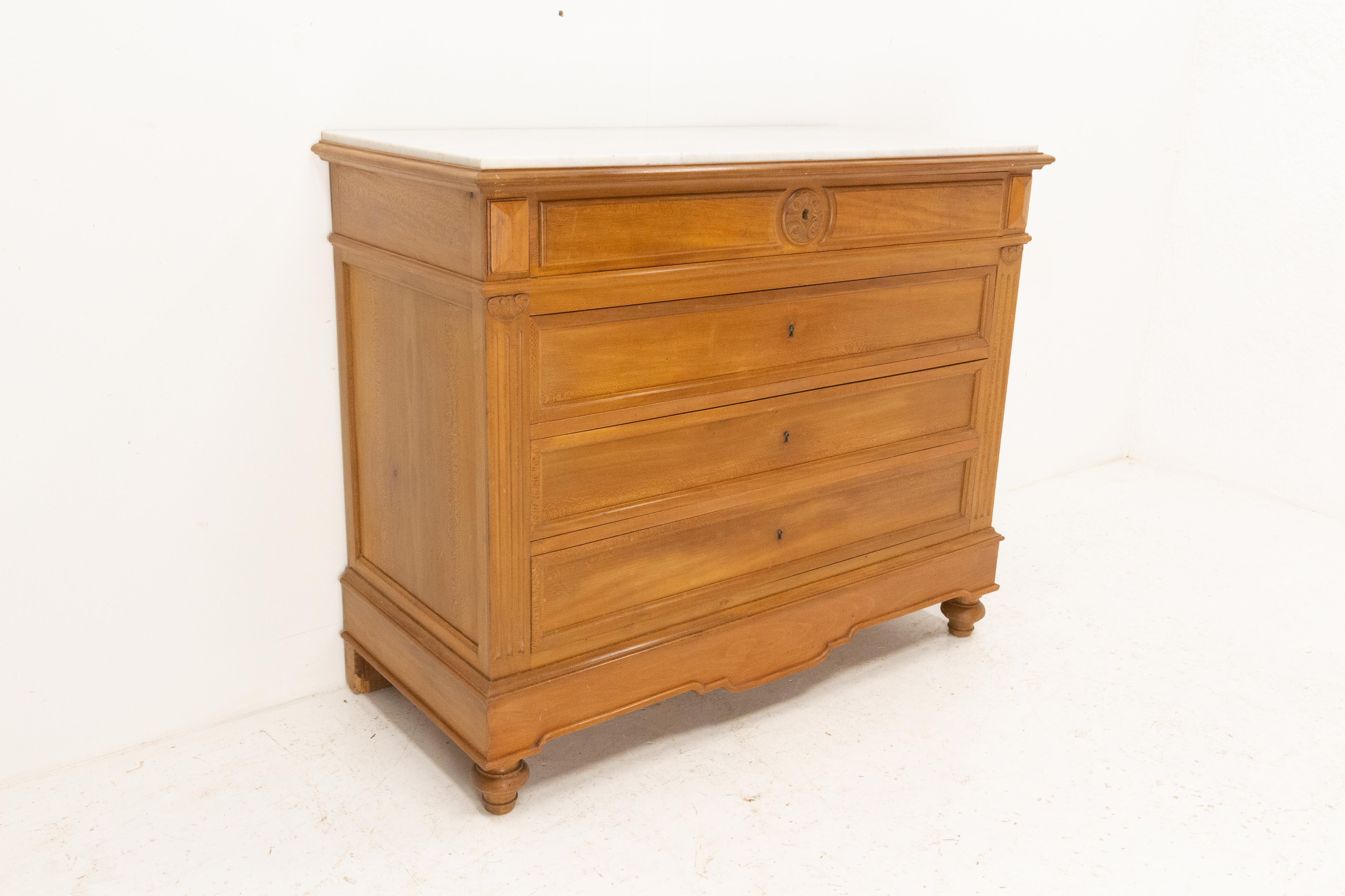 Wood French Louis Philippe Commode Chest of Drawers, Marble Top 19th Century For Sale