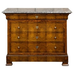 French Louis-Philippe Commode with Grey Marble Top and Butterfly Veneer