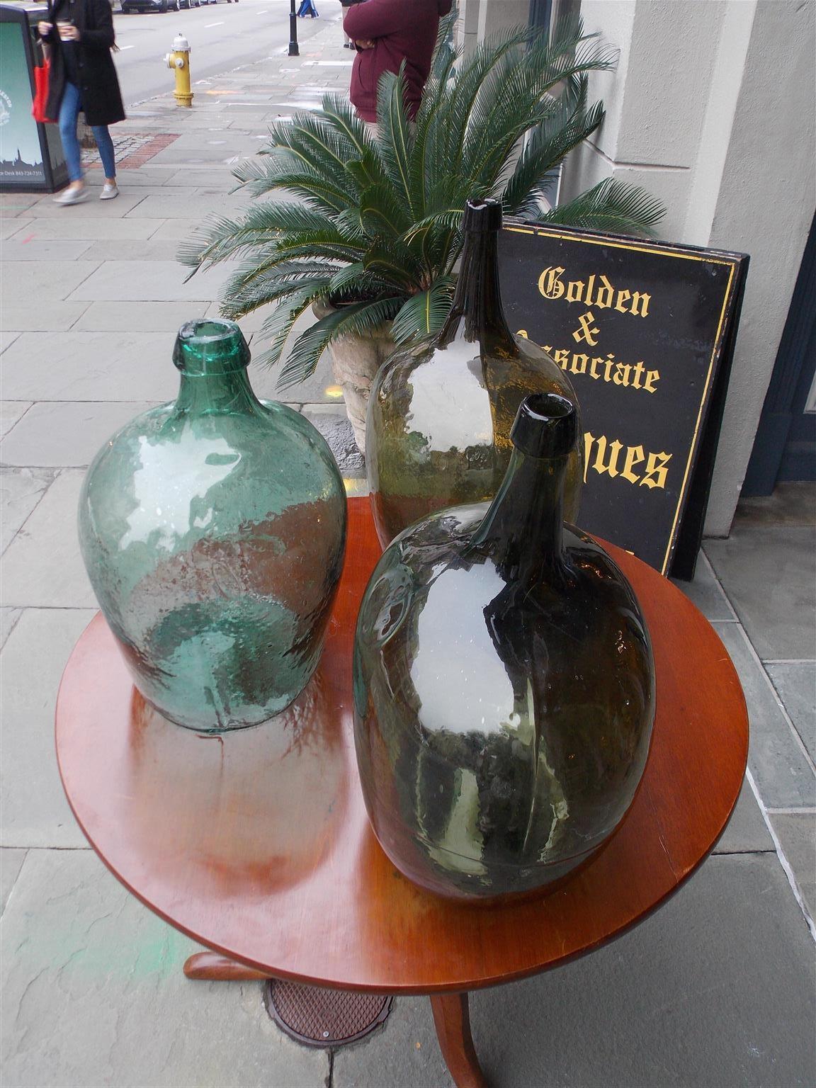French Hand Blown Three Decorative Bulbous Colored Glass Wine Jugs