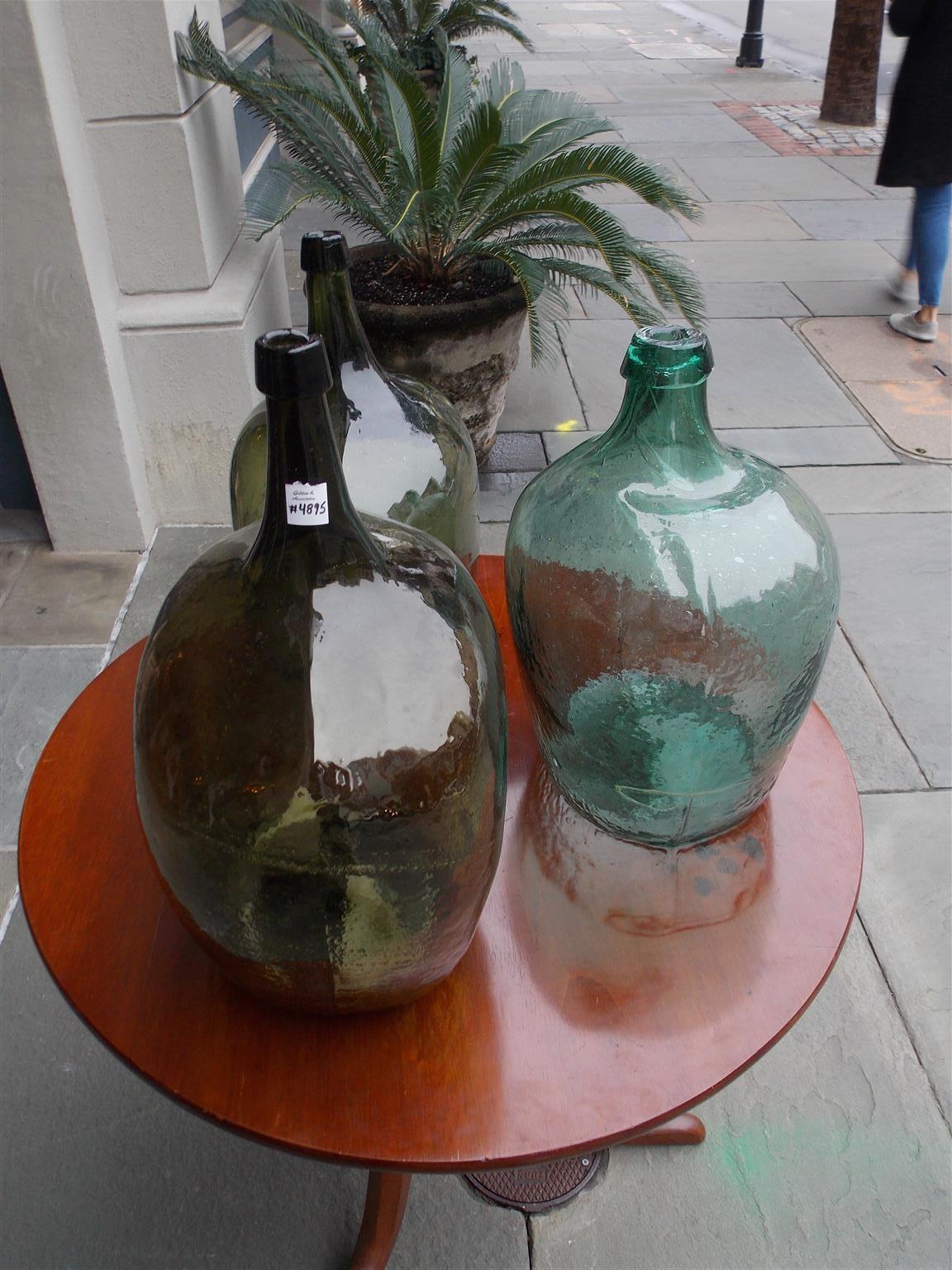 French Hand Blown Three Decorative Bulbous Colored Glass Wine Jugs