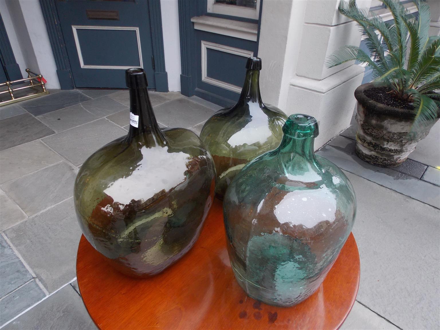 French Hand Blown Three Decorative Bulbous Colored Glass Wine Jugs