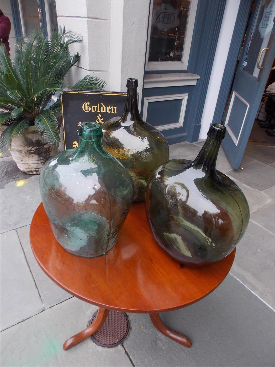 French Hand Blown Three Decorative Bulbous Colored Glass Wine Jugs