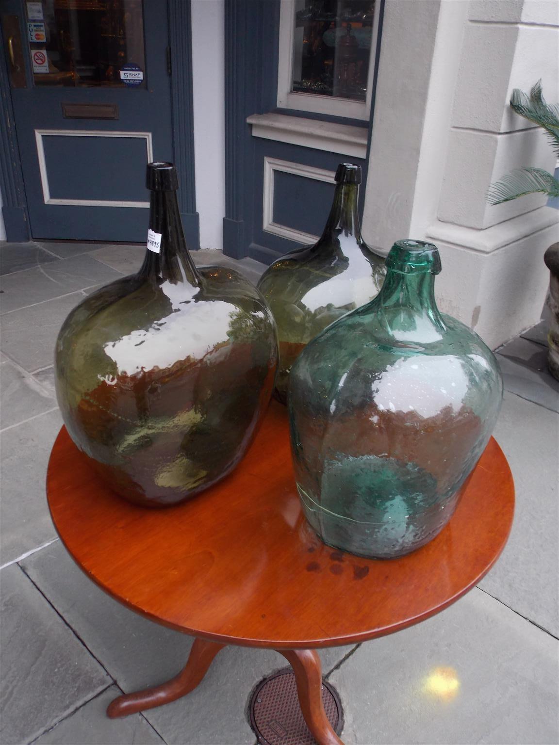 French Hand Blown Three Decorative Bulbous Colored Glass Wine Jugs