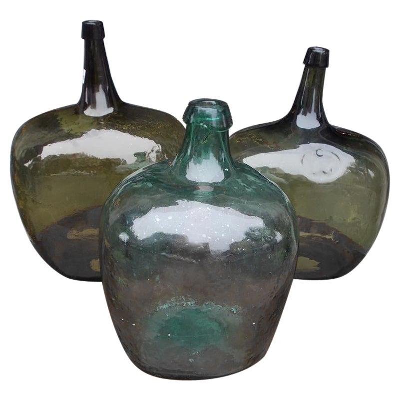French Hand Blown Three Decorative Bulbous Colored Glass Wine Jugs, Circa 1860