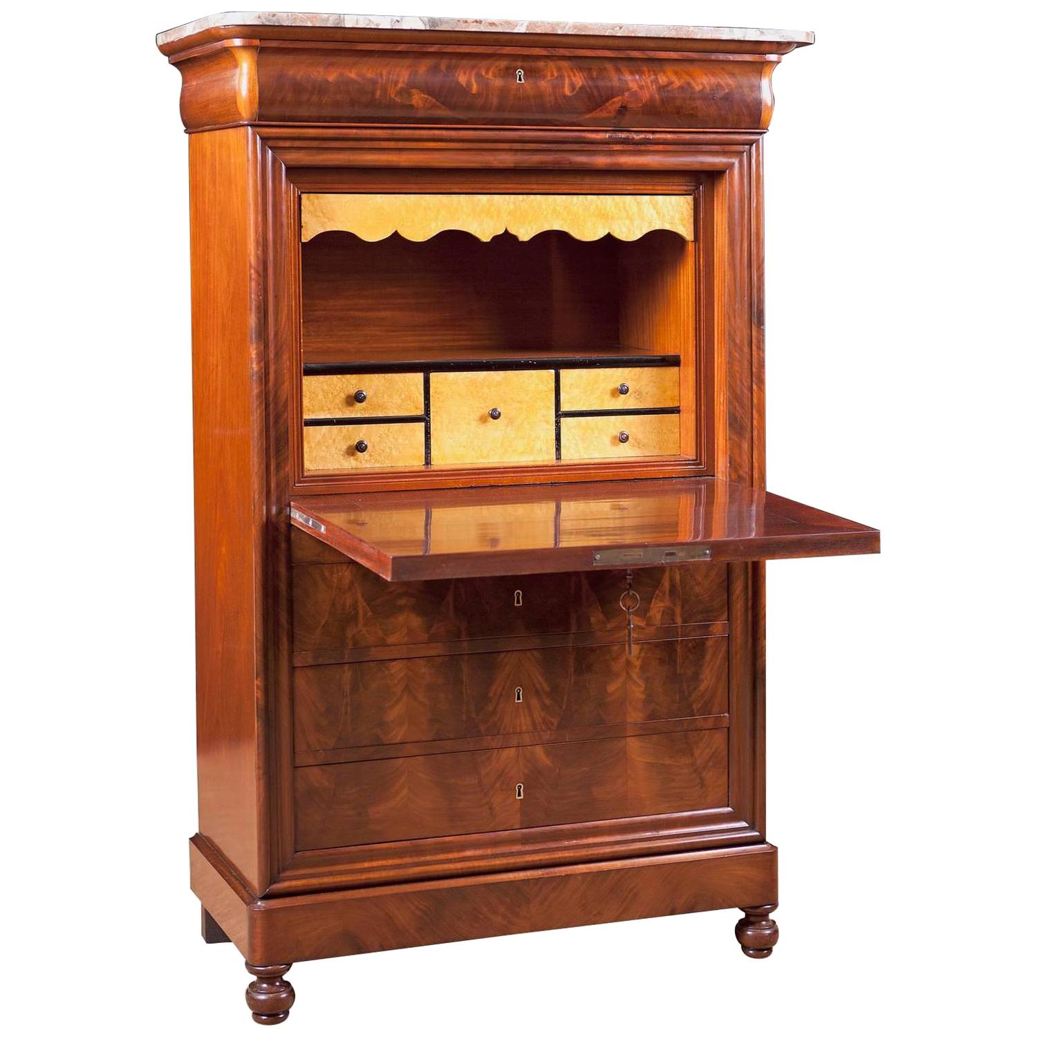 Antique French Louis Philippe Fall-Front Secretary in Mahogany, circa 1835