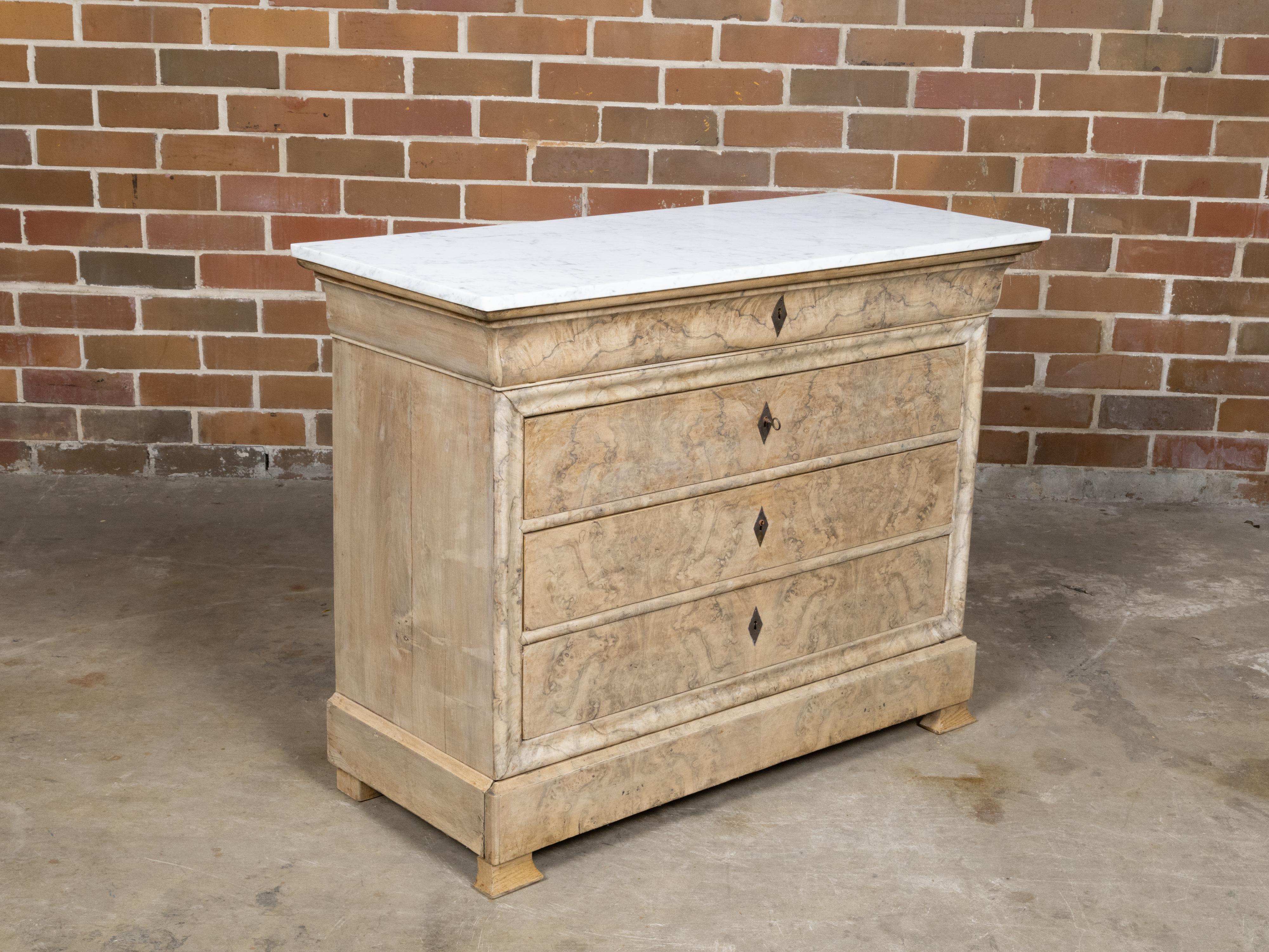 French Louis-Philippe Four-Drawer Commode with Marble Top and Bookmatched Veneer For Sale 4