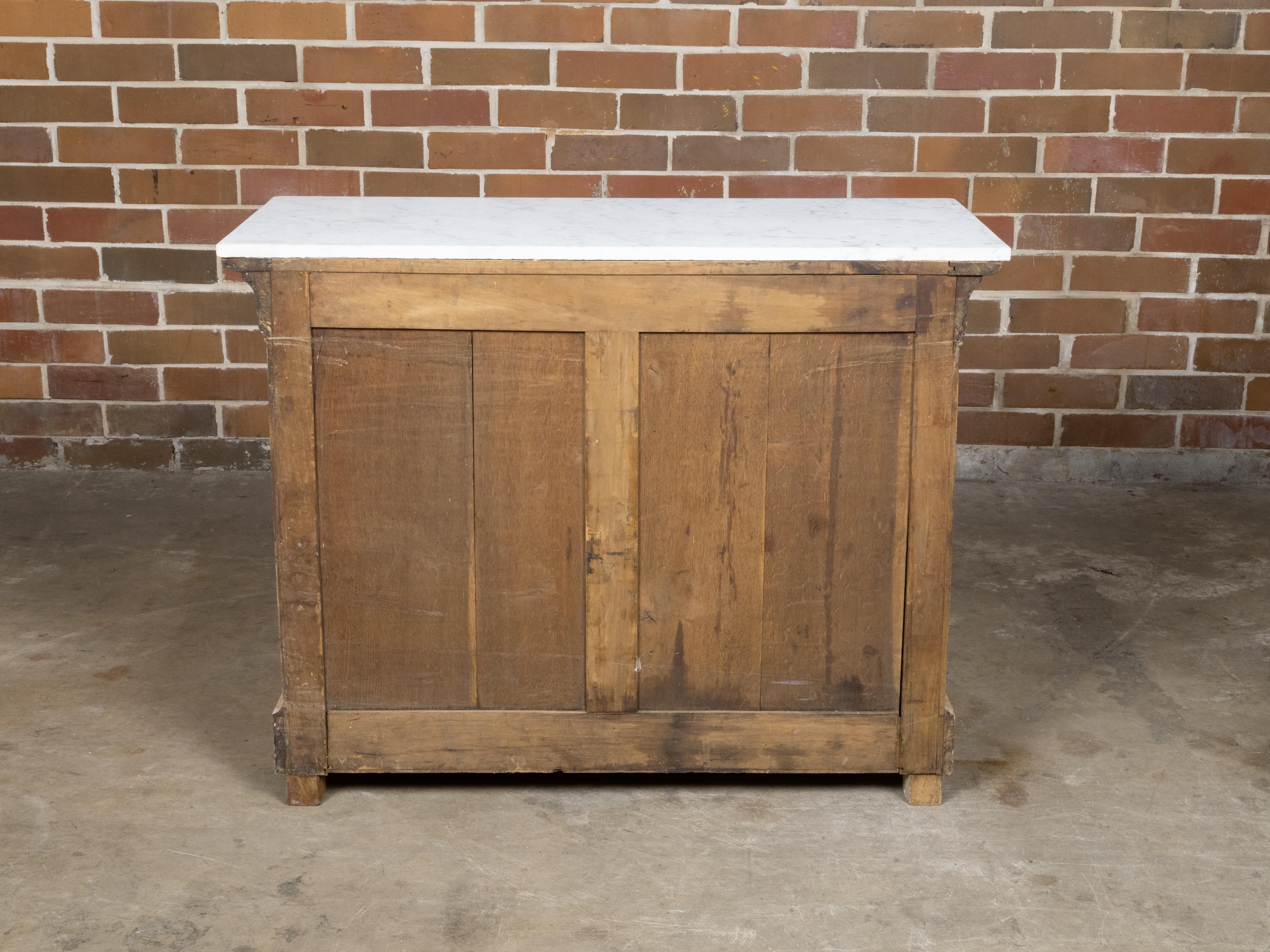 French Louis-Philippe Four-Drawer Commode with Marble Top and Bookmatched Veneer For Sale 6