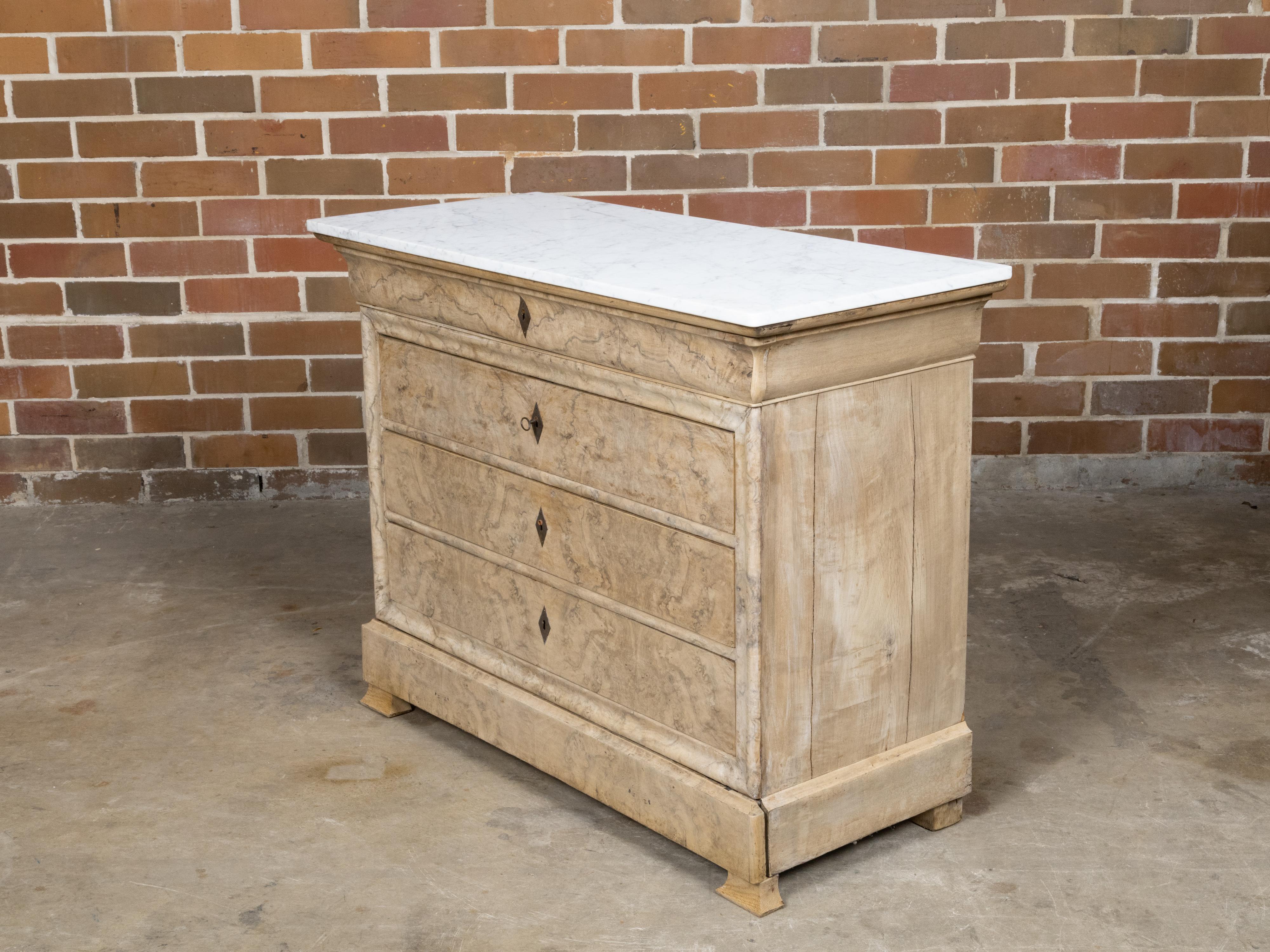 French Louis-Philippe Four-Drawer Commode with Marble Top and Bookmatched Veneer For Sale 8