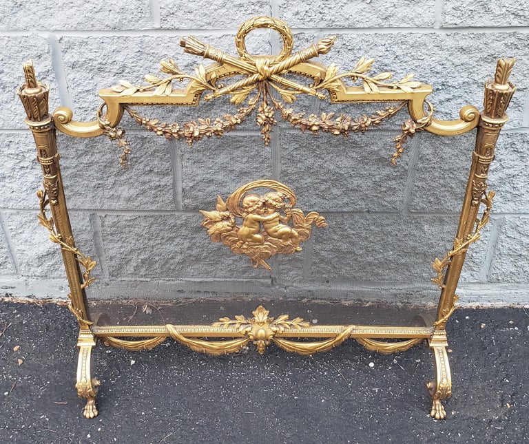 French Louis Philippe Gilt Bronze Ornate and Cherubs Fireplace Screen