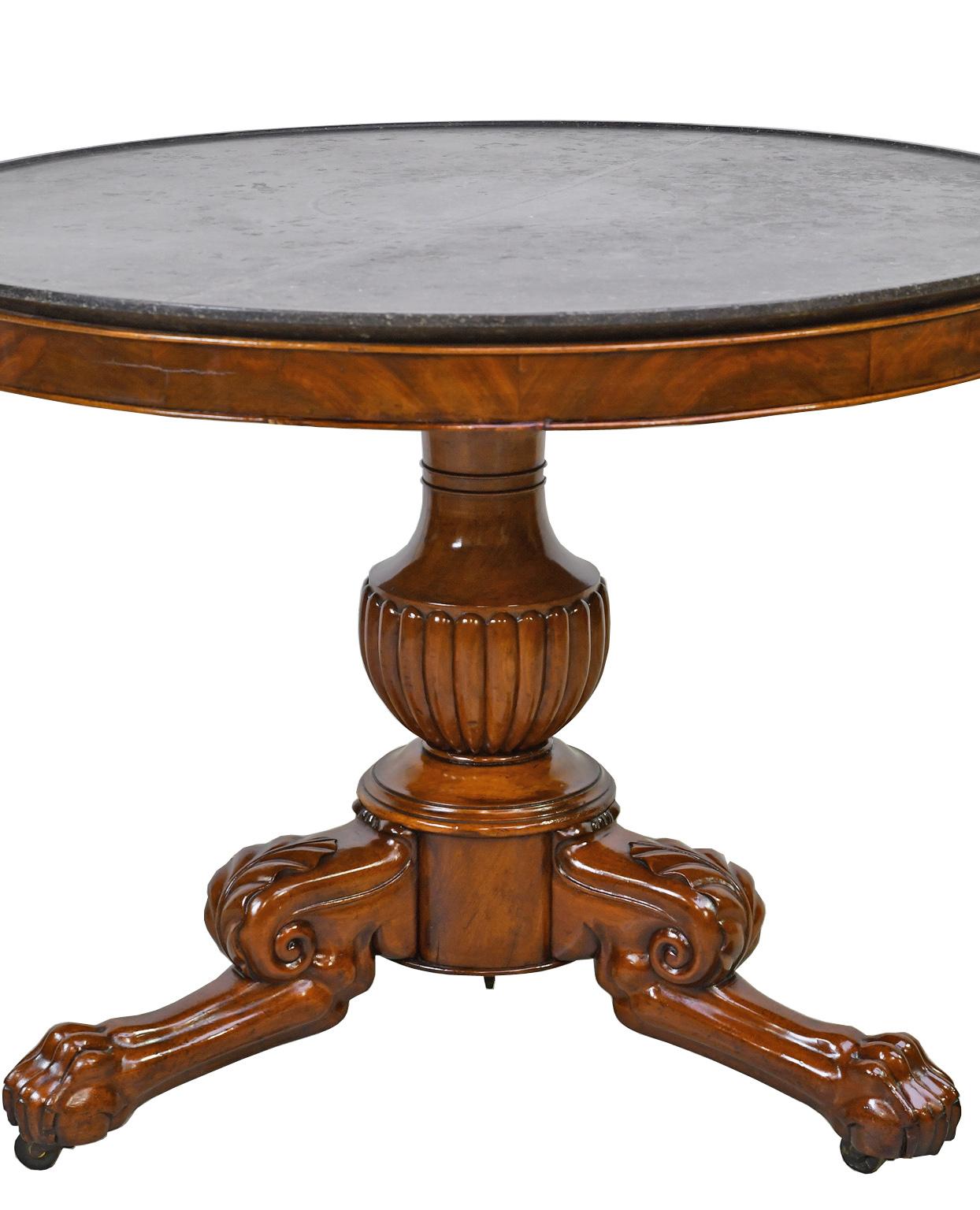 Polished French Charles X Guéridon Pedestal Table in Mahogany with Round Marble Top