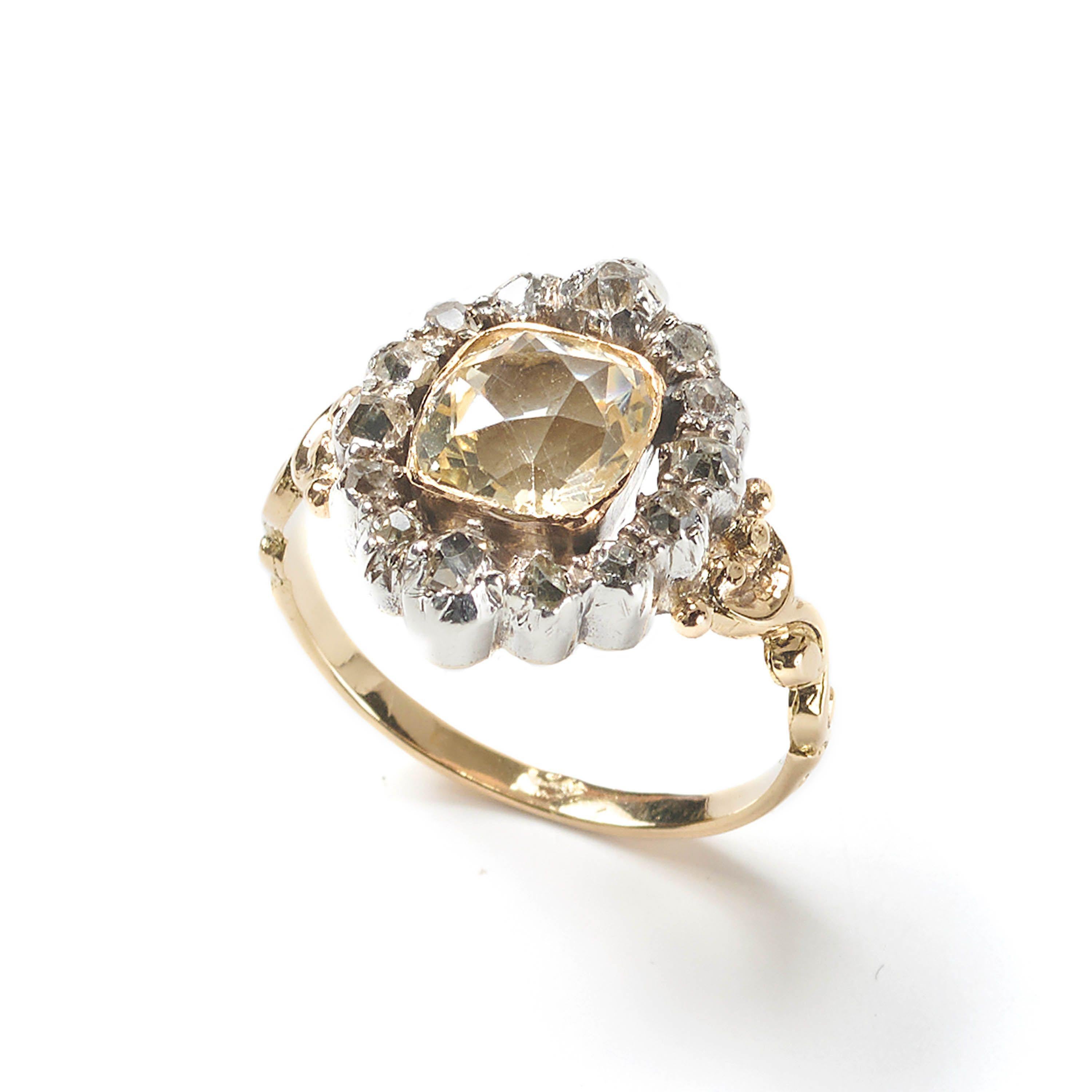 Französischer Louis Philippe I-Cluster-Ring aus Citrin, Diamant, Silber und Gold (Georgian) im Angebot
