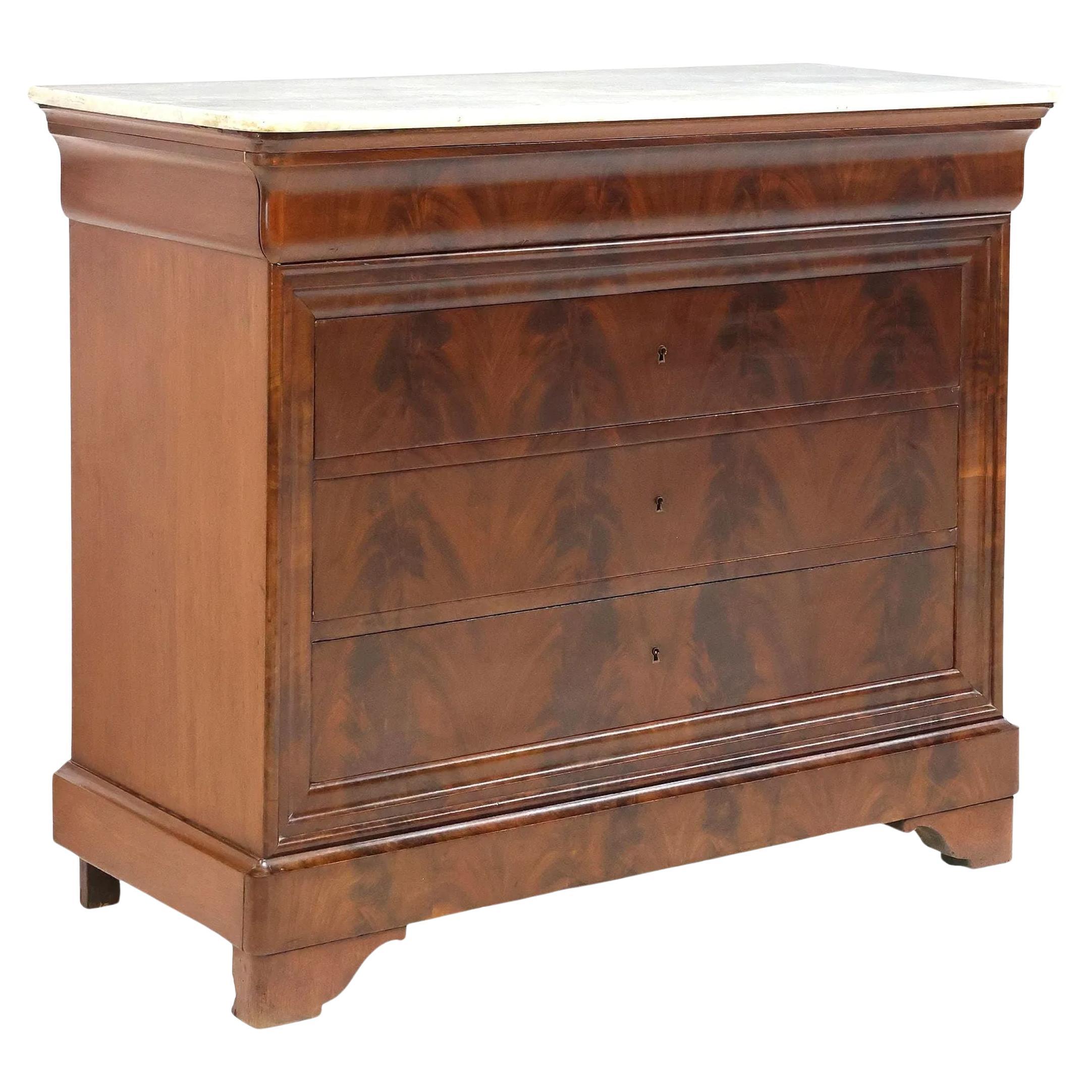 French Louis Philippe Marble Top Flame Mahogany Commode, mid 19th-century For Sale