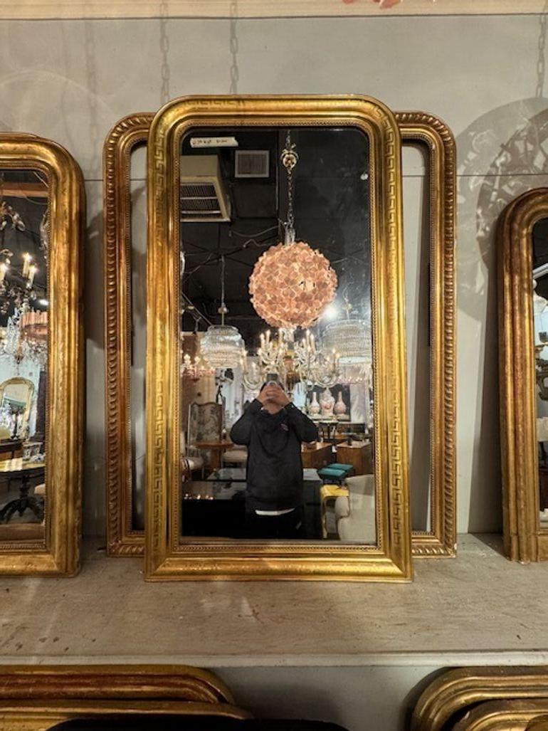 19th century French Louis Philippe gold leaf mirror with Greek Key pattern. Circa 1860. A favorite of top designers! 34w x 64h