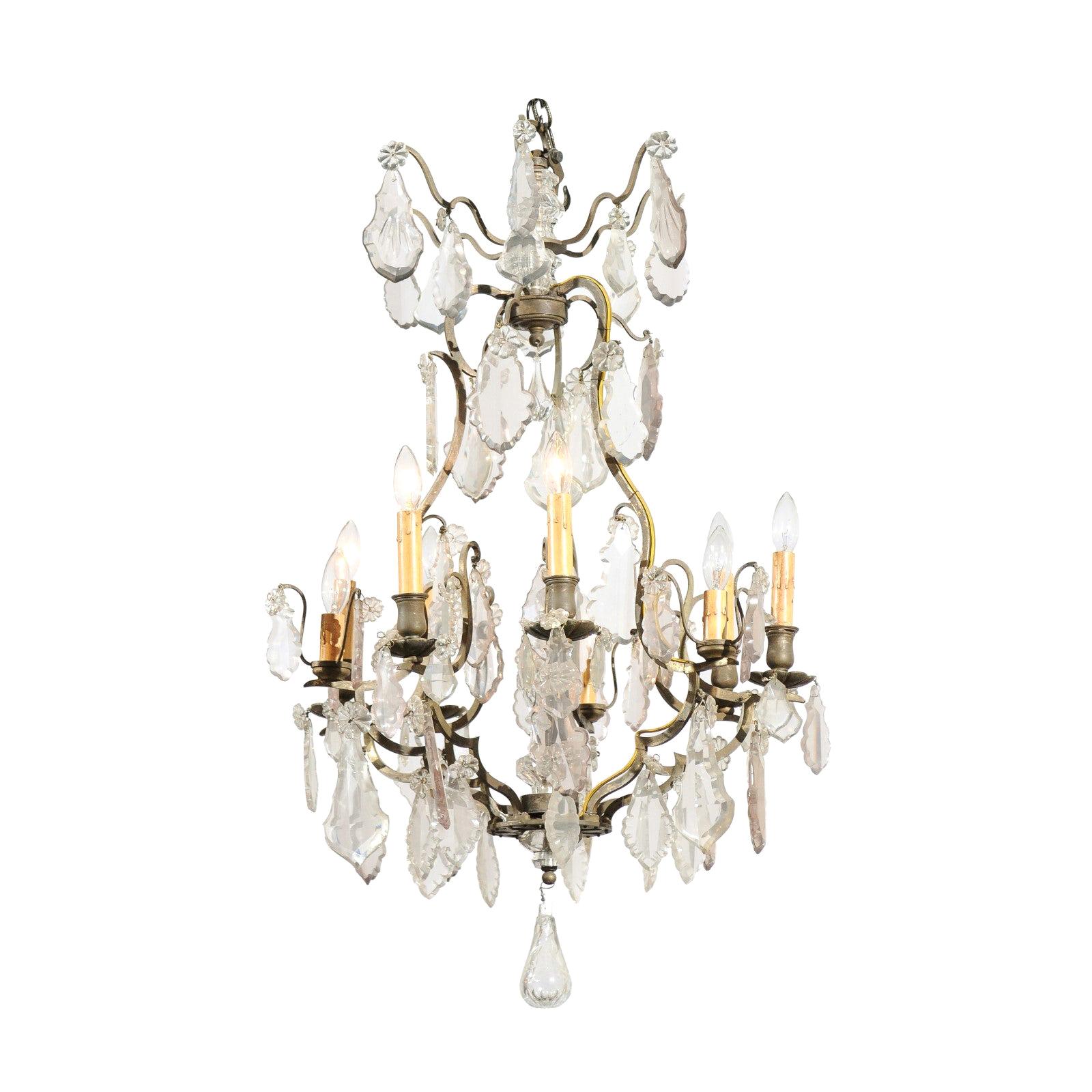 French Louis-Philippe Period 1840s Eight-Light Crystal Chandelier with Finial For Sale
