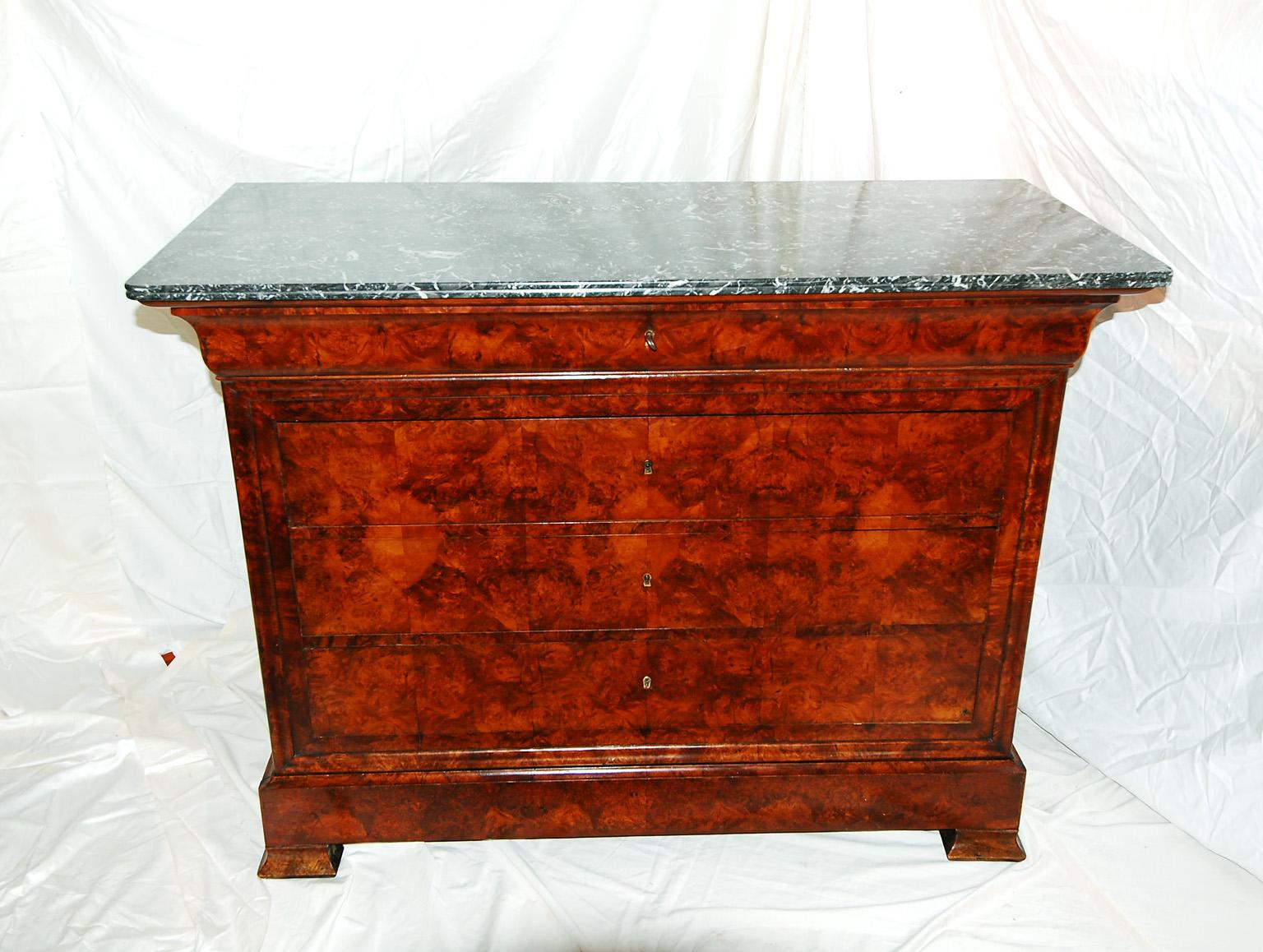 French Louis Philippe Period Burl Walnut with Marble Top Chest of Five Drawers In Good Condition In Wells, ME