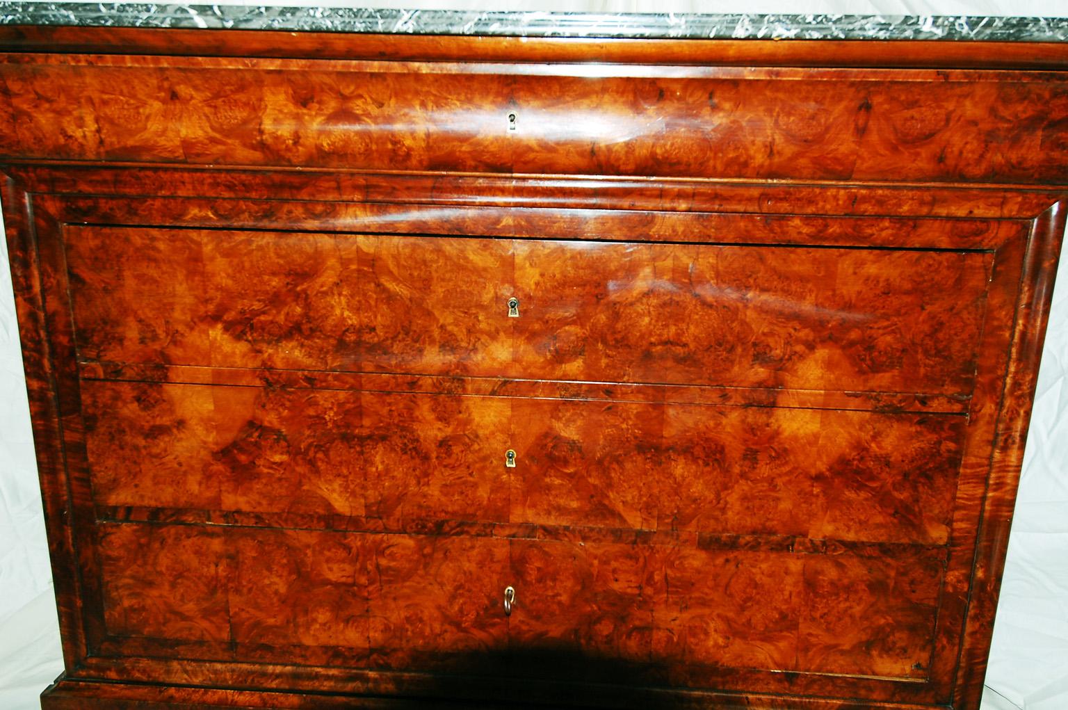 19th Century French Louis Philippe Period Burl Walnut with Marble Top Chest of Five Drawers
