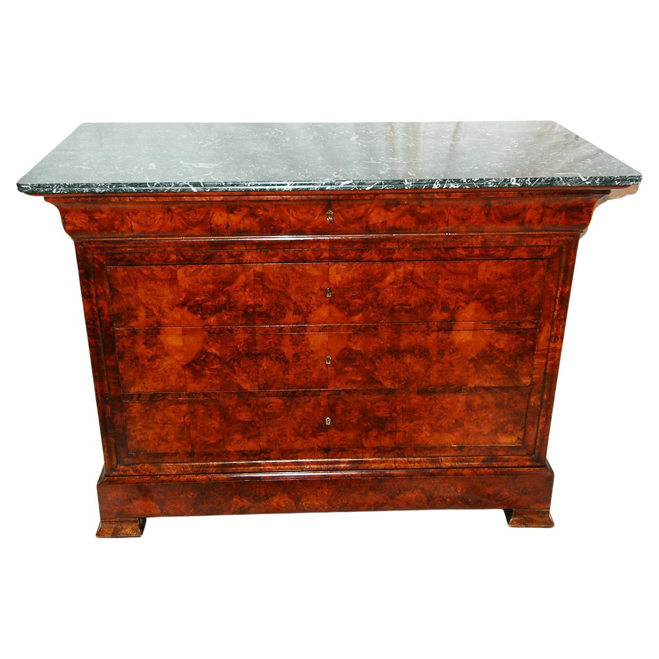 French Louis Philippe Period Burl Walnut with Marble Top Chest of Five Drawers