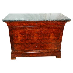 French Louis Philippe Period Burl Walnut with Marble Top Chest of Five Drawers