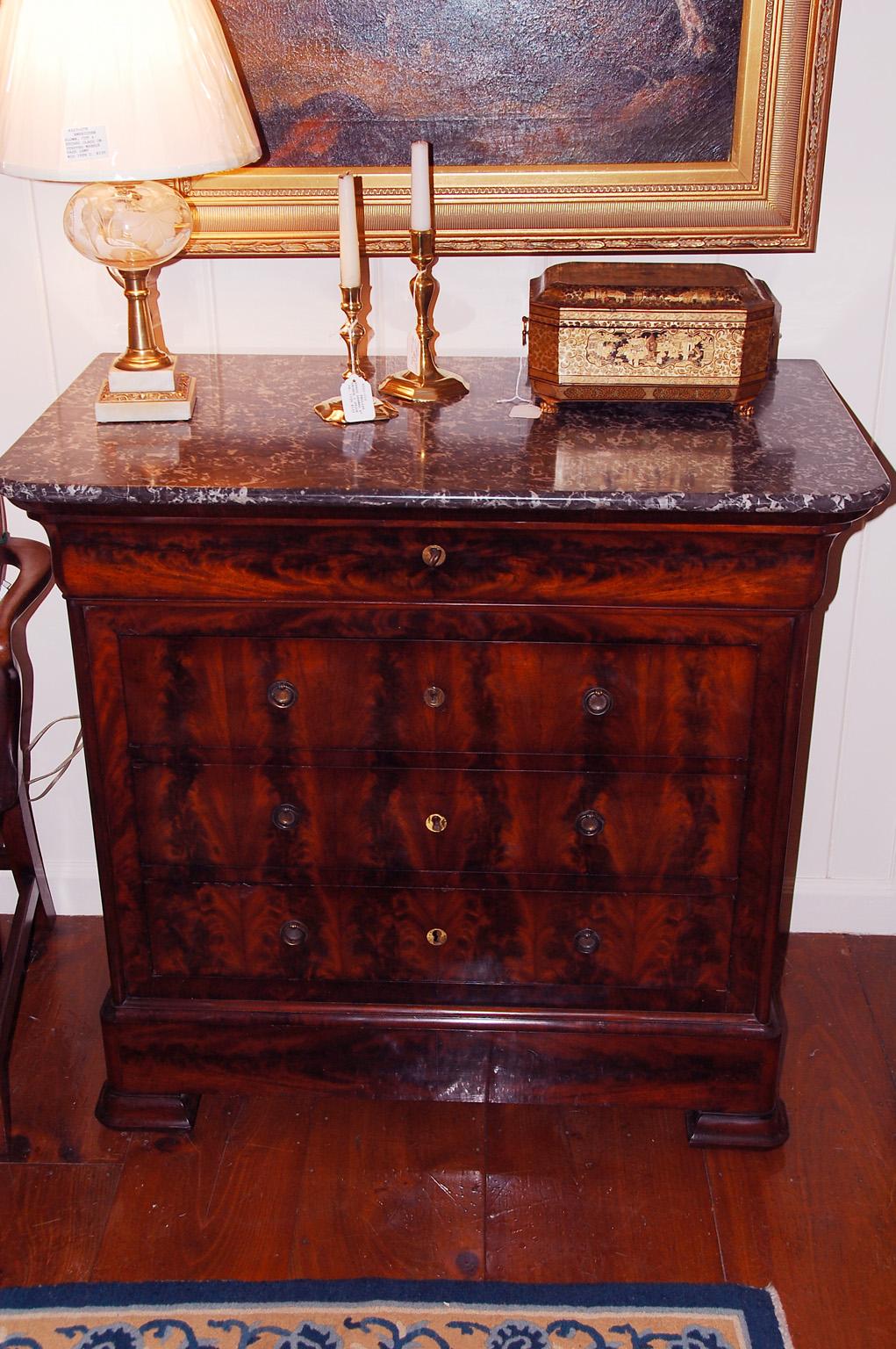 French Louis Philippe Period Figured Mahogany Chest of Drawers with Marble Top For Sale 10