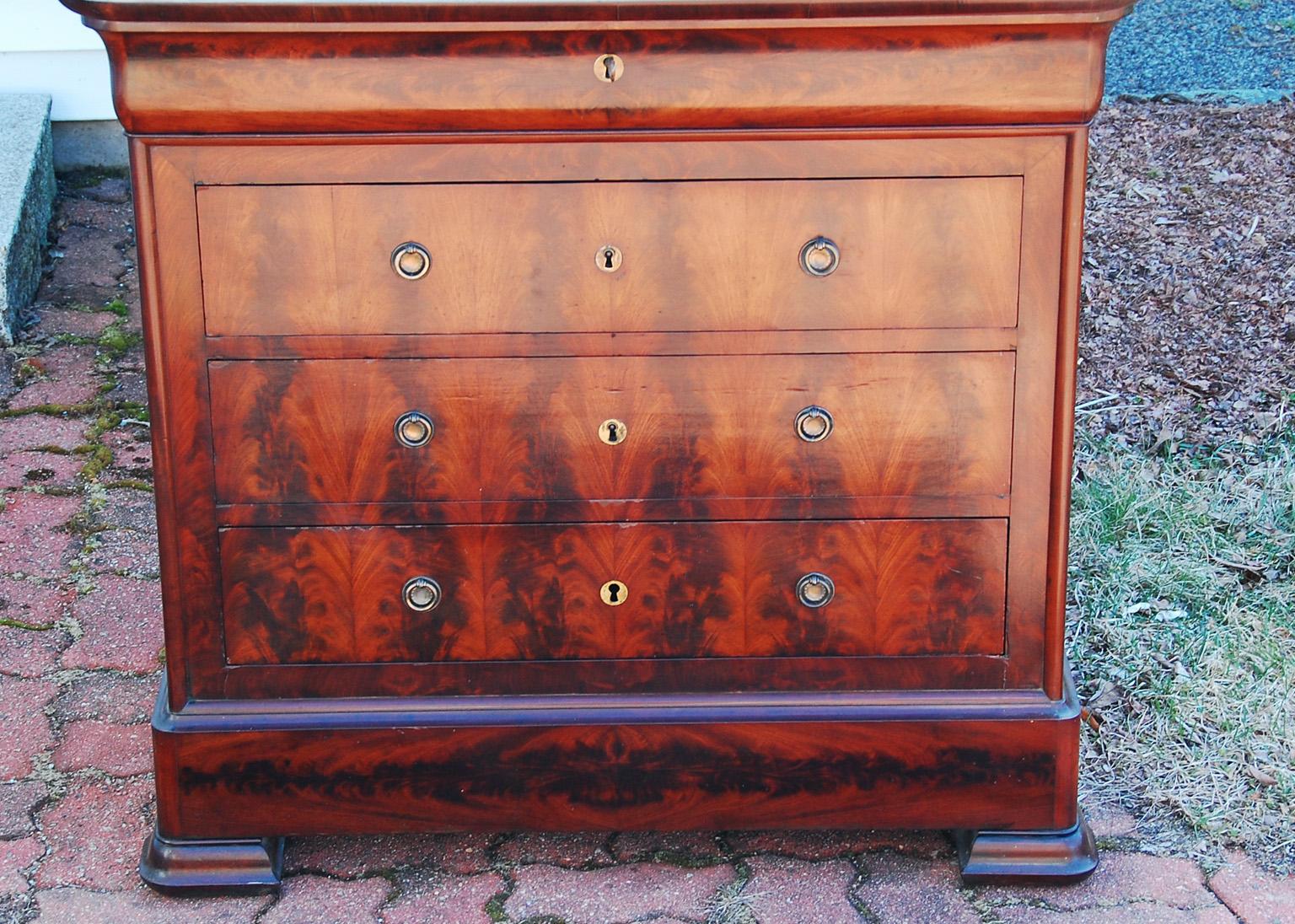 19th Century French Louis Philippe Period Figured Mahogany Chest of Drawers with Marble Top For Sale