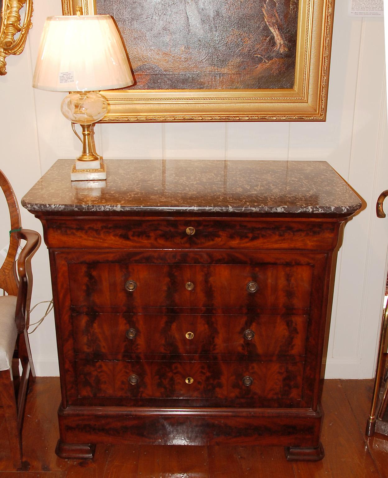 French Louis Philippe Period Figured Mahogany Chest of Drawers with Marble Top For Sale 3