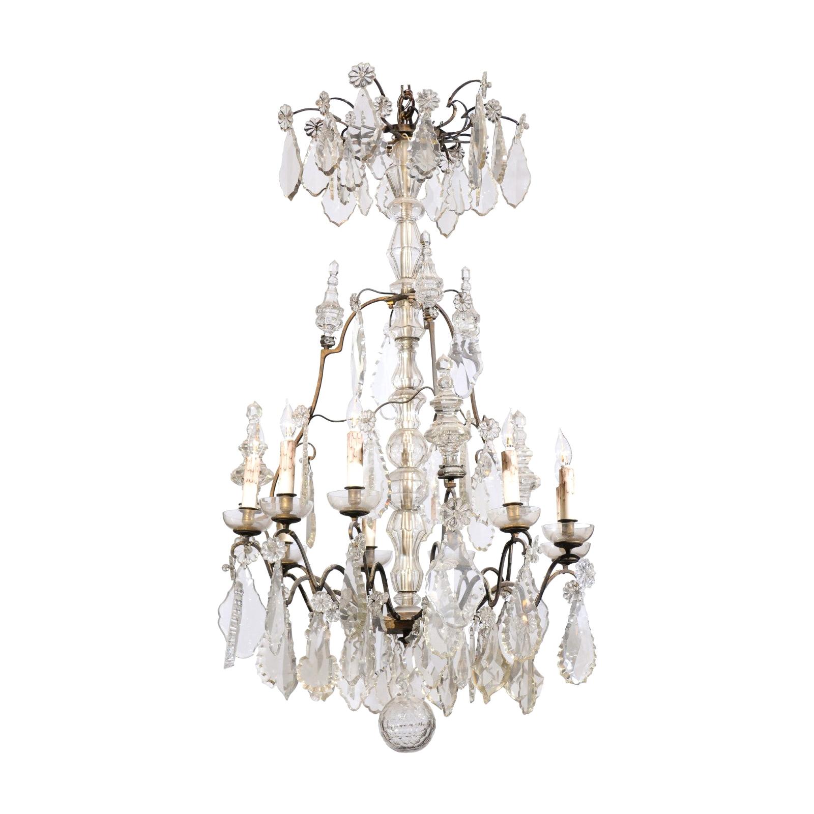 French Louis-Philippe Period Nine-Light Crystal and Iron Chandelier, circa 1840 For Sale
