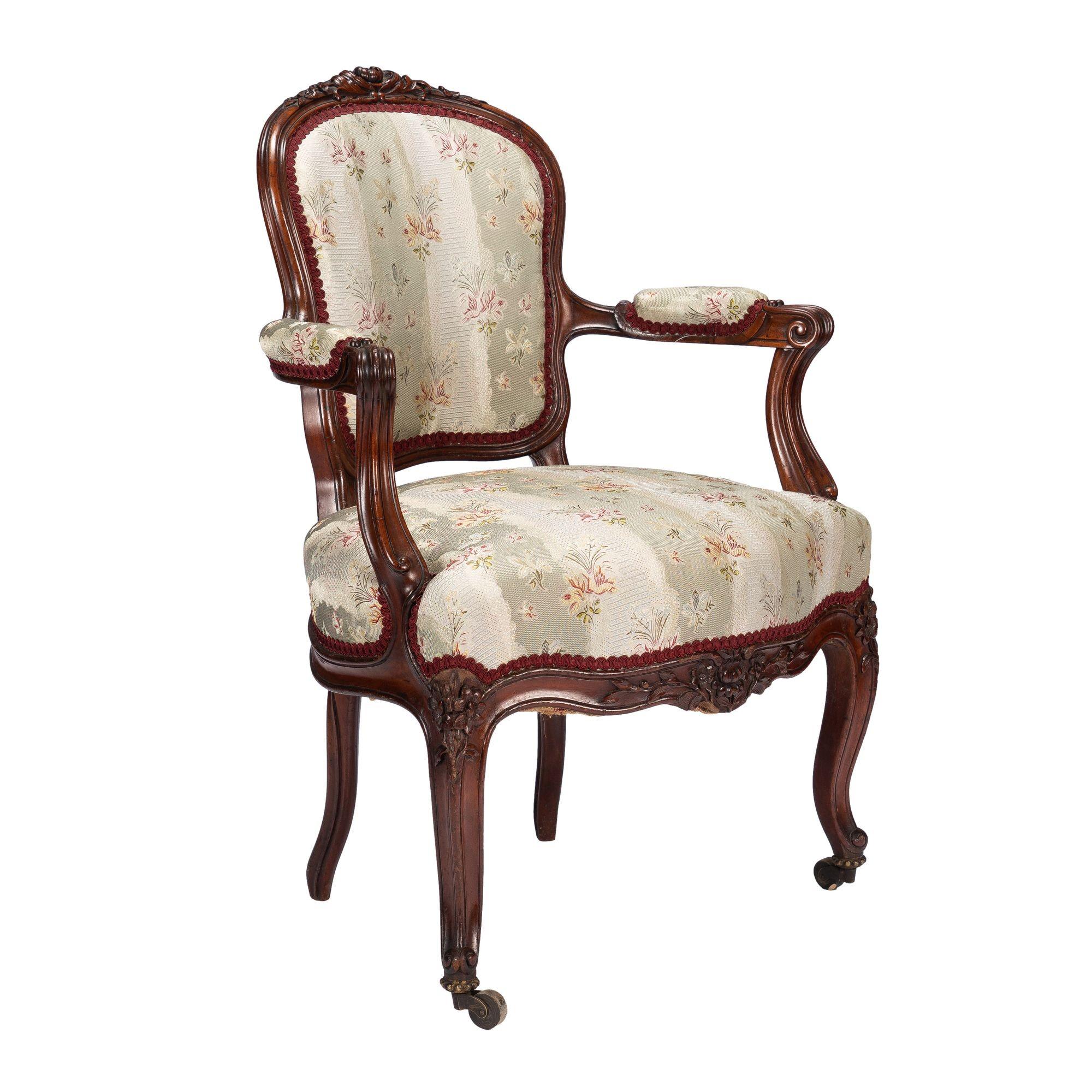 French Louis Philippe period walnut arm chair with paired footstool, c. 1850's For Sale 3