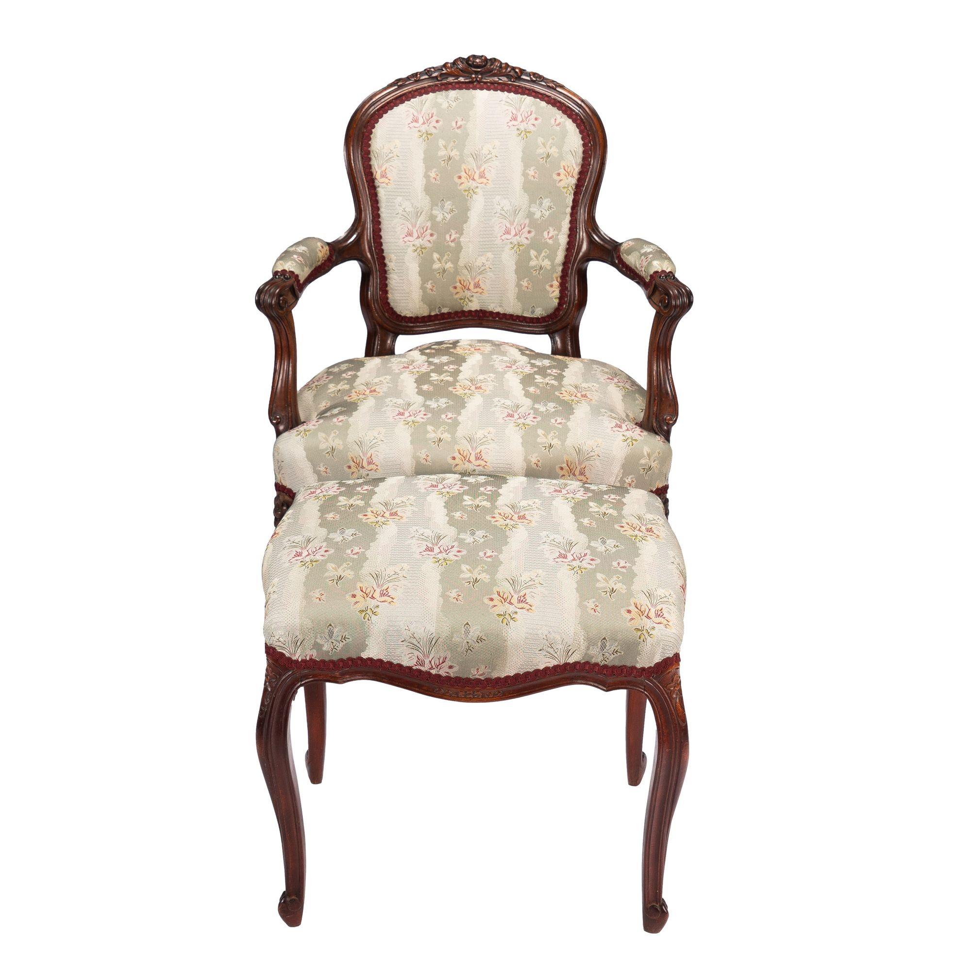 French Louis Philippe period walnut arm chair with paired footstool, c. 1850's For Sale 4