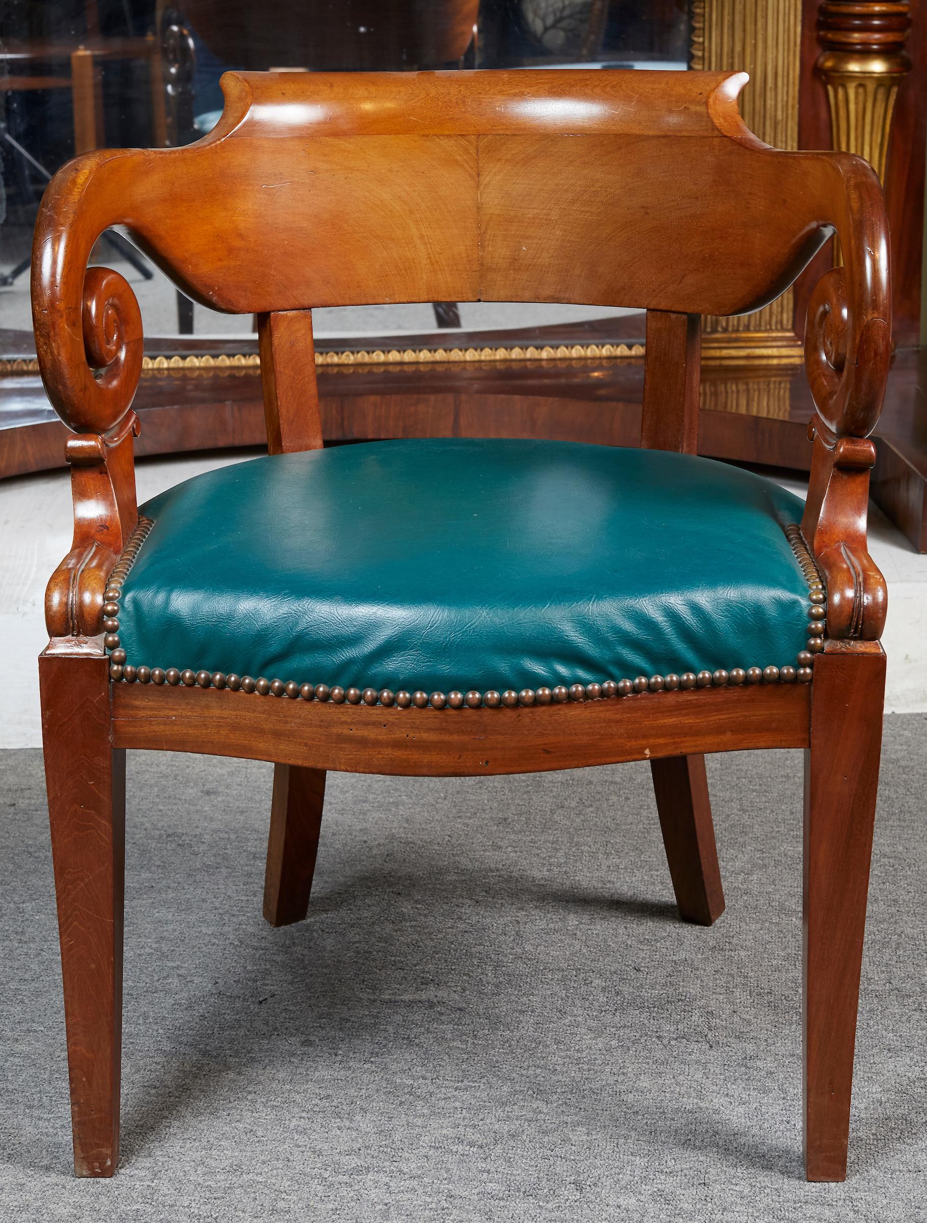 French Louis Philippe period walnut desk chair with green leatherette studded seat