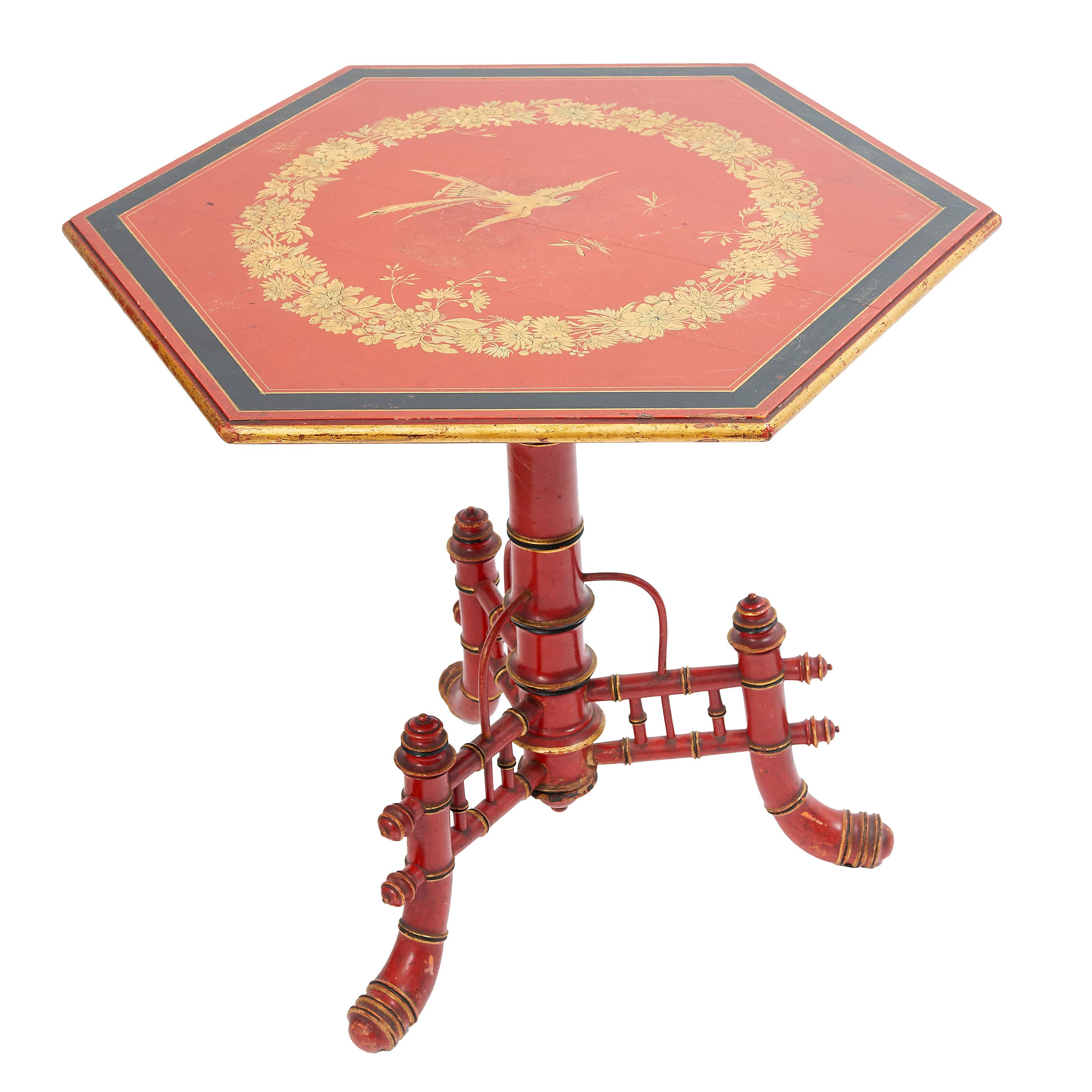 French Louis Philippe Red Lacquer Hexagonal Tilt Top Gueridon, circa 1845 For Sale