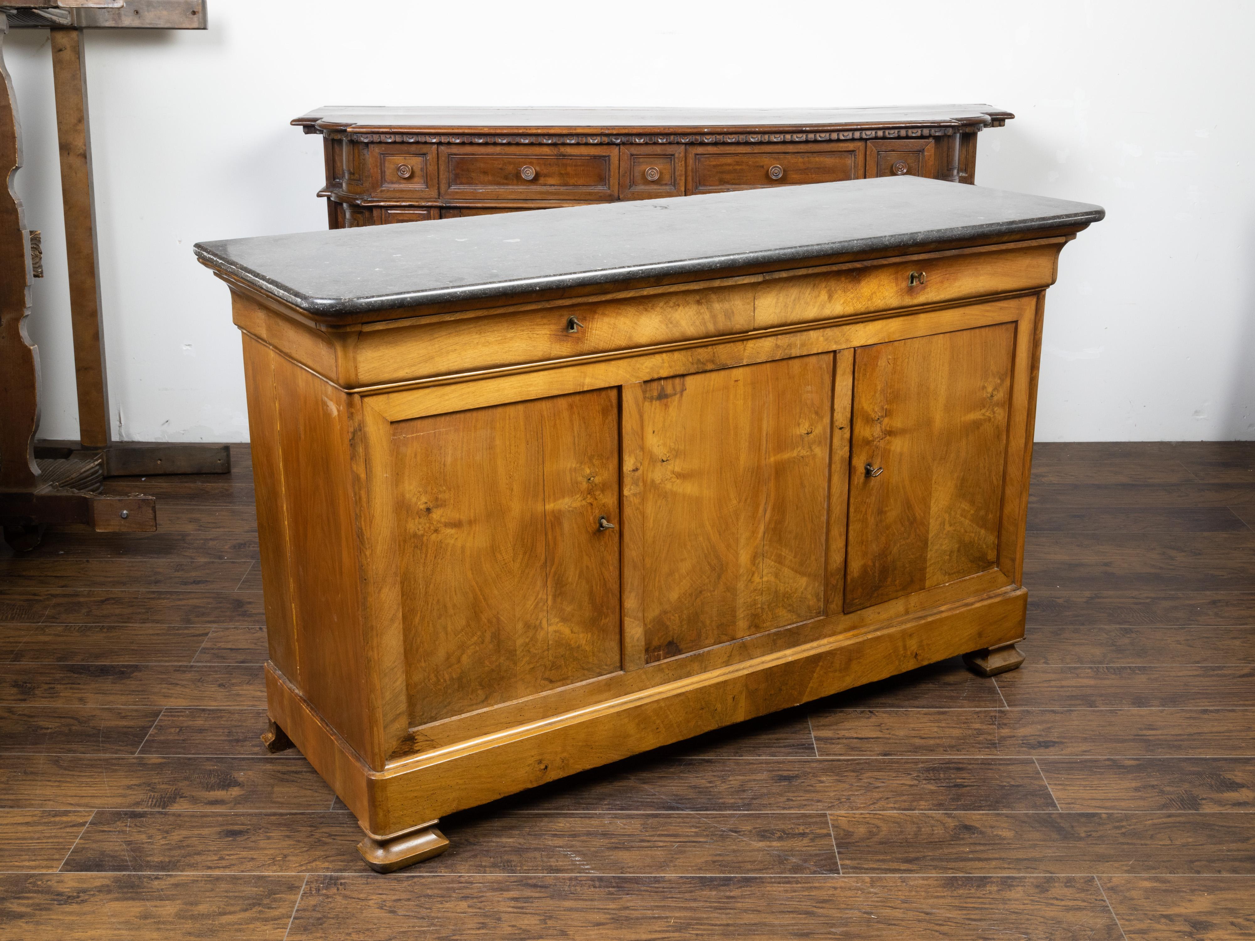Veneer French Louis-Philippe Style 1870s Walnut Enfilade with Dark Grey Marble Top For Sale