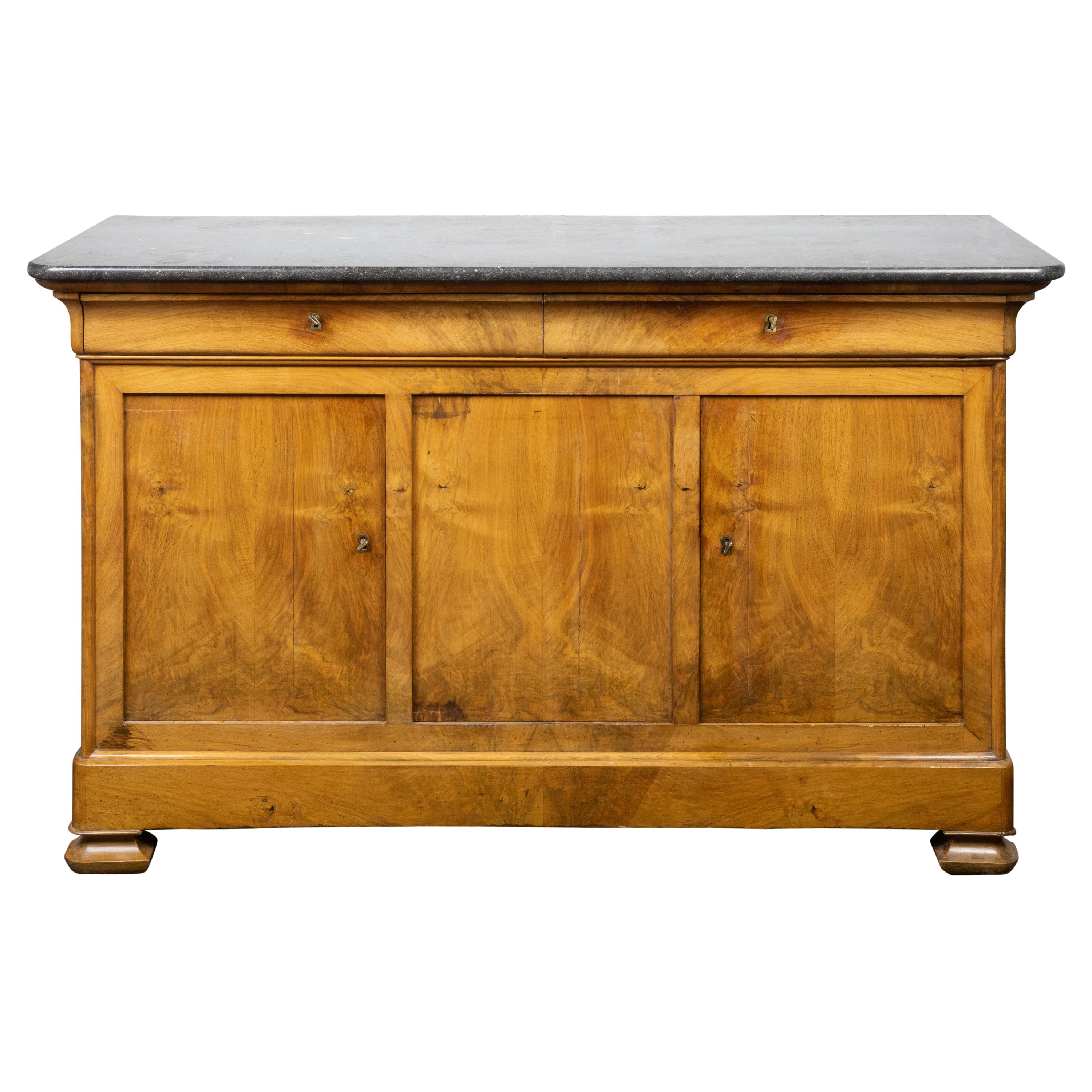 French Louis-Philippe Style 1870s Walnut Enfilade with Dark Grey Marble Top For Sale