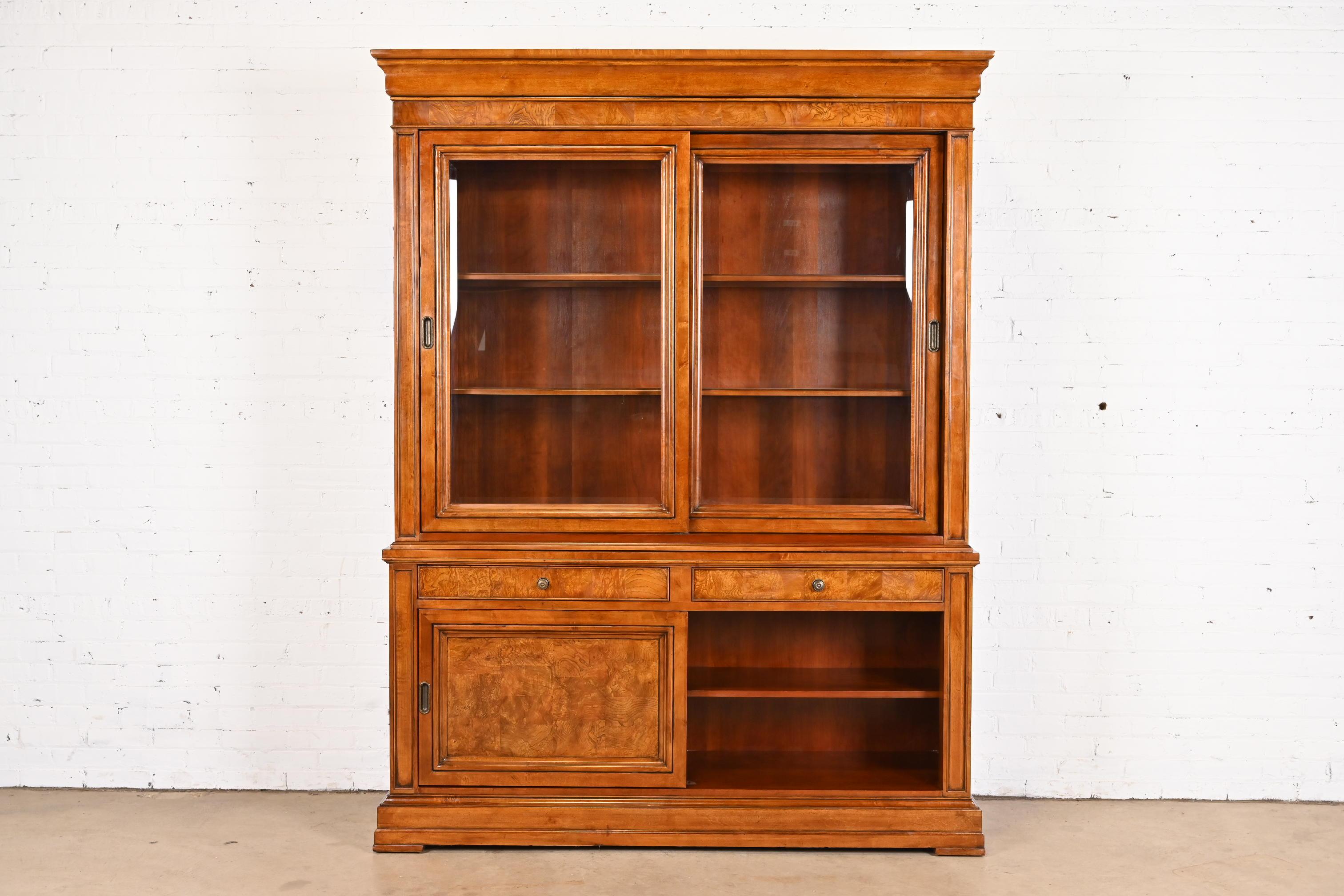 French Louis Philippe Style Cherry and Burl Wood Breakfront Bookcase Cabinet For Sale 5