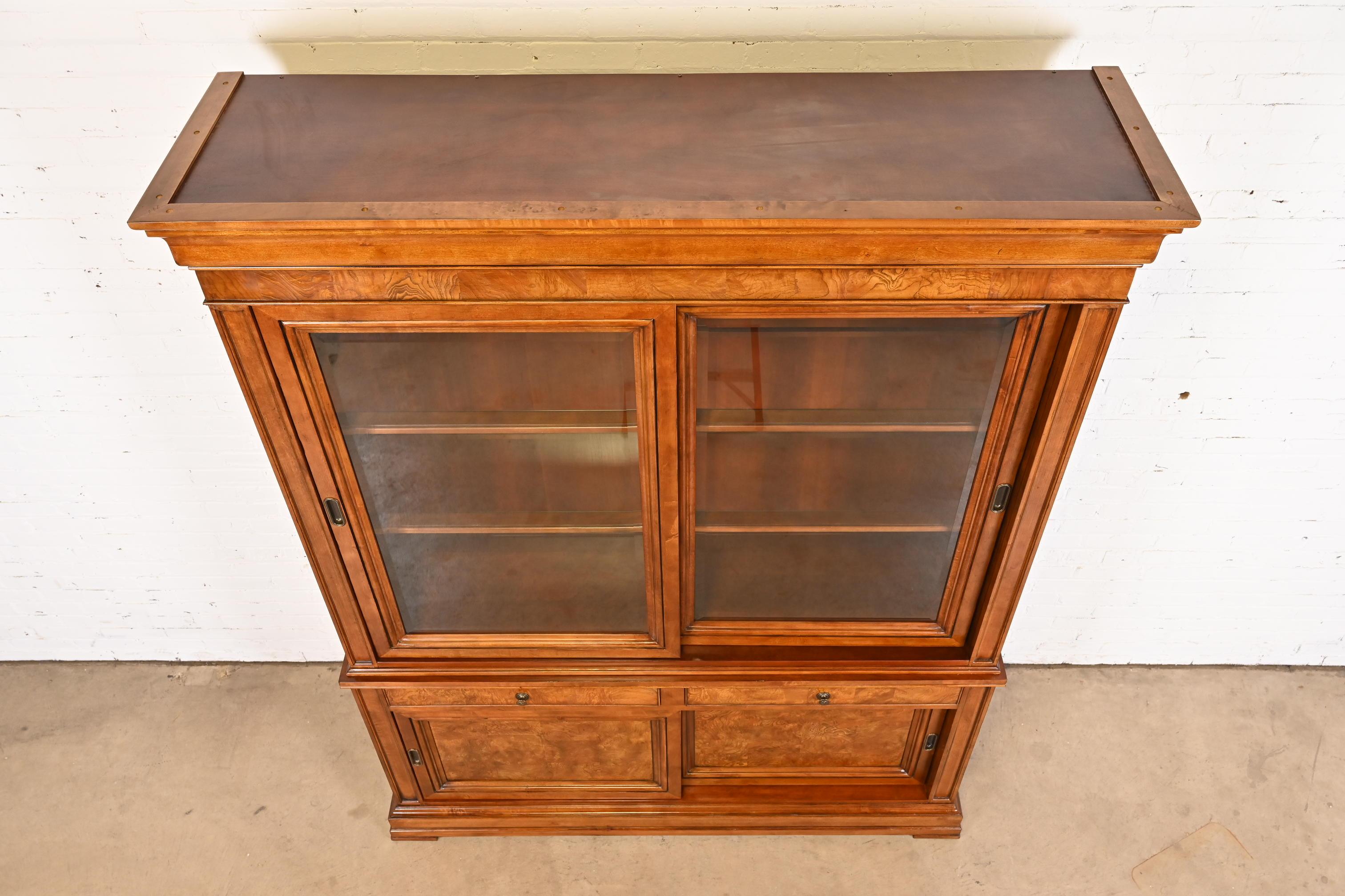 French Louis Philippe Style Cherry and Burl Wood Breakfront Bookcase Cabinet For Sale 7