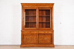 French Louis Philippe Style Cherry and Burl Wood Breakfront Bookcase Cabinet