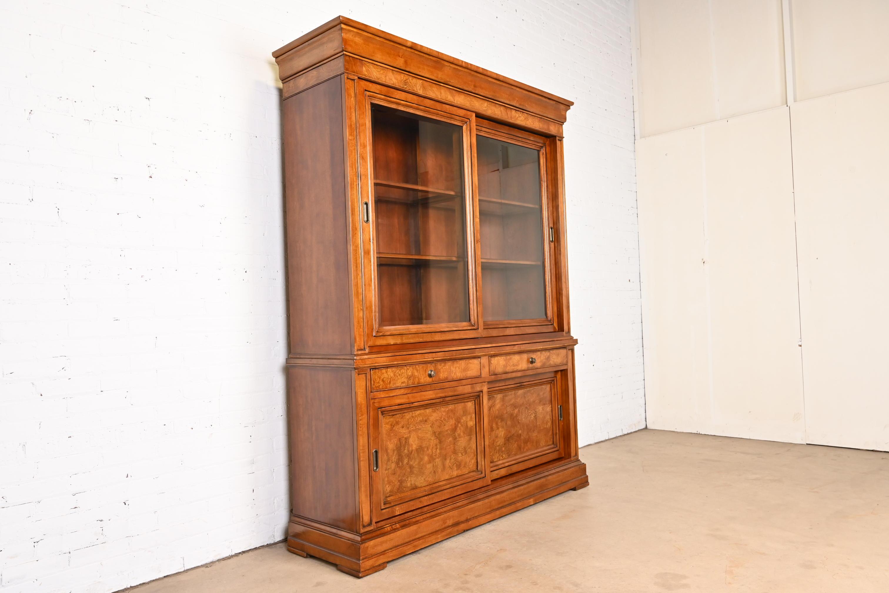 French Louis Philippe Style Cherry and Burl Wood Breakfront Bookcase Cabinet In Good Condition In South Bend, IN