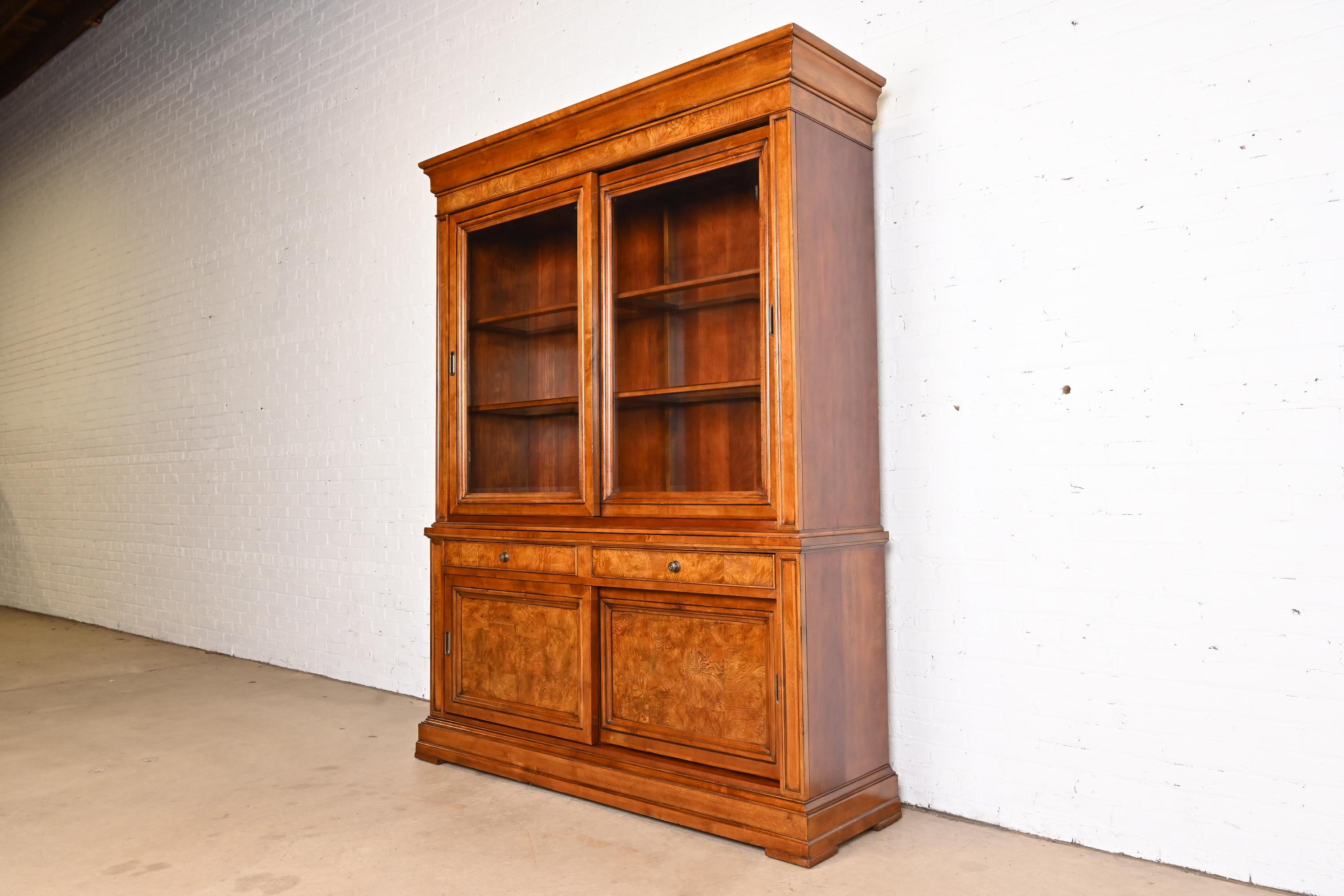 20th Century French Louis Philippe Style Cherry and Burl Wood Breakfront Bookcase Cabinet For Sale