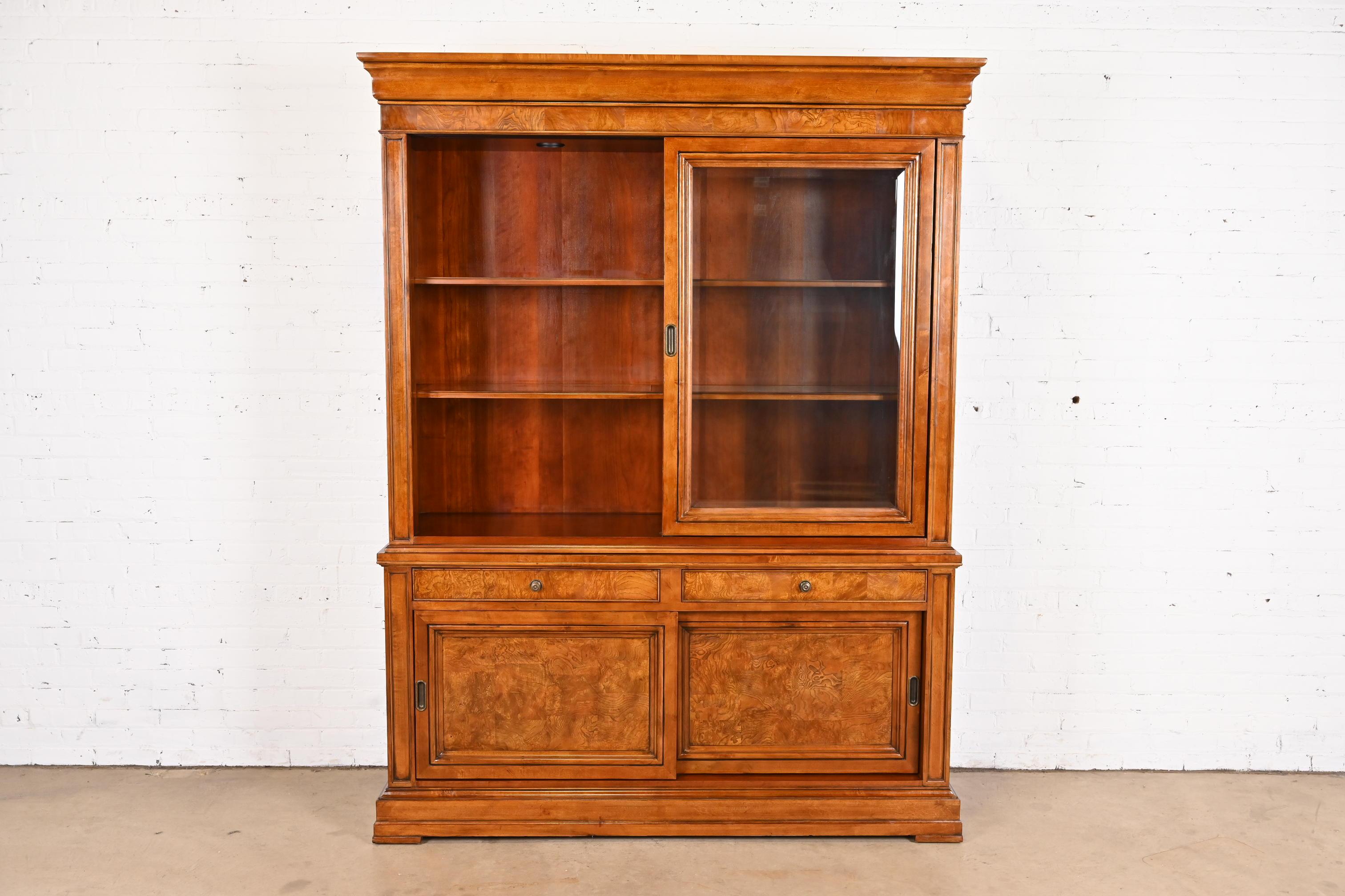 Glass French Louis Philippe Style Cherry and Burl Wood Breakfront Bookcase Cabinet For Sale