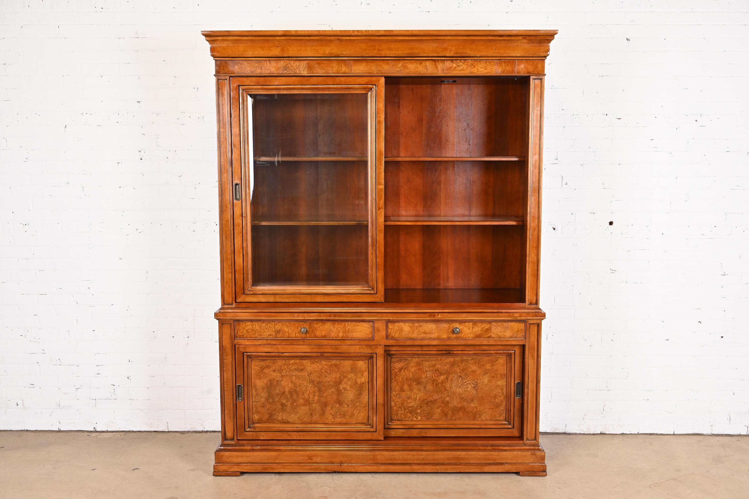 French Louis Philippe Style Cherry and Burl Wood Breakfront Bookcase Cabinet For Sale 1