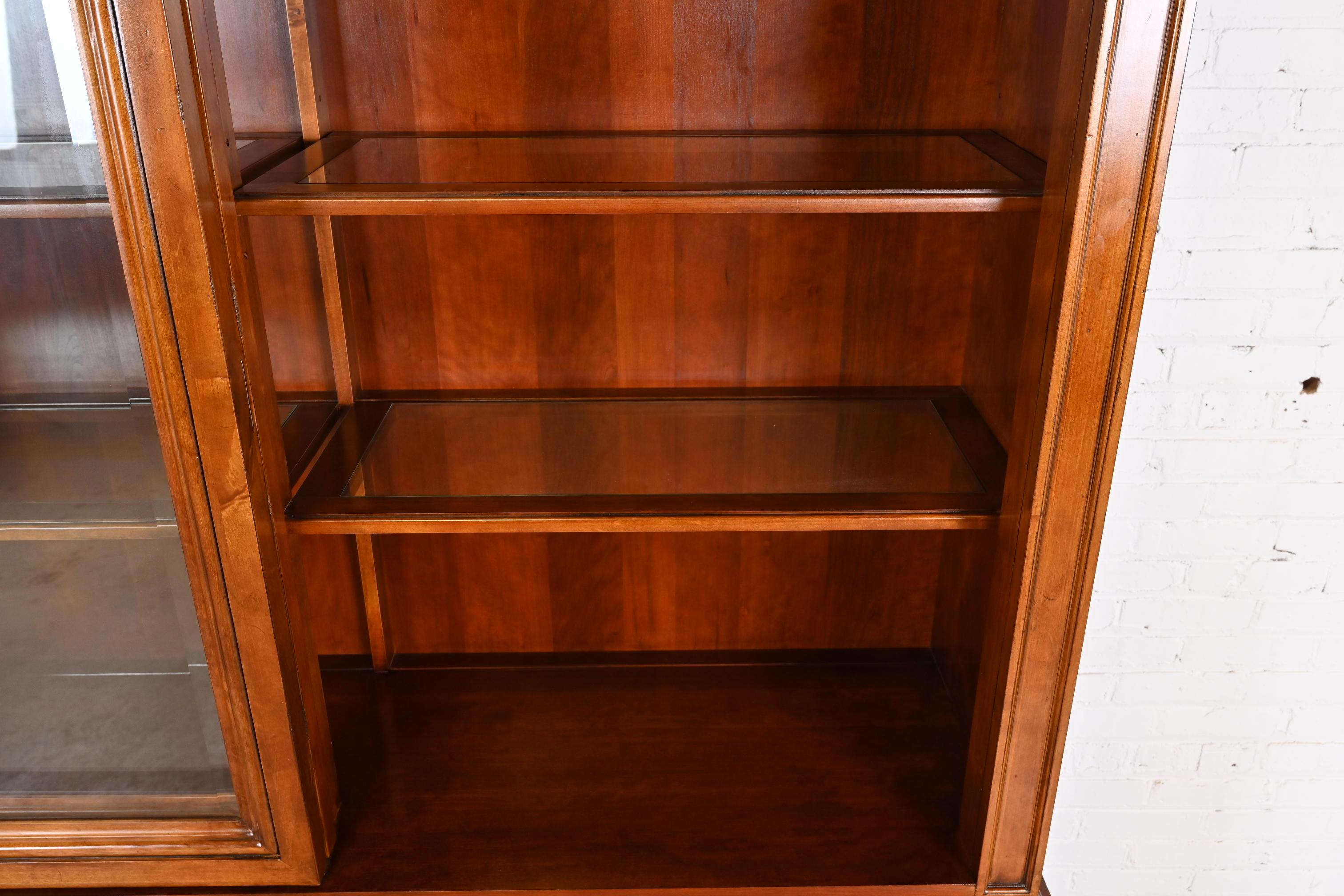 French Louis Philippe Style Cherry and Burl Wood Breakfront Bookcase Cabinet For Sale 2